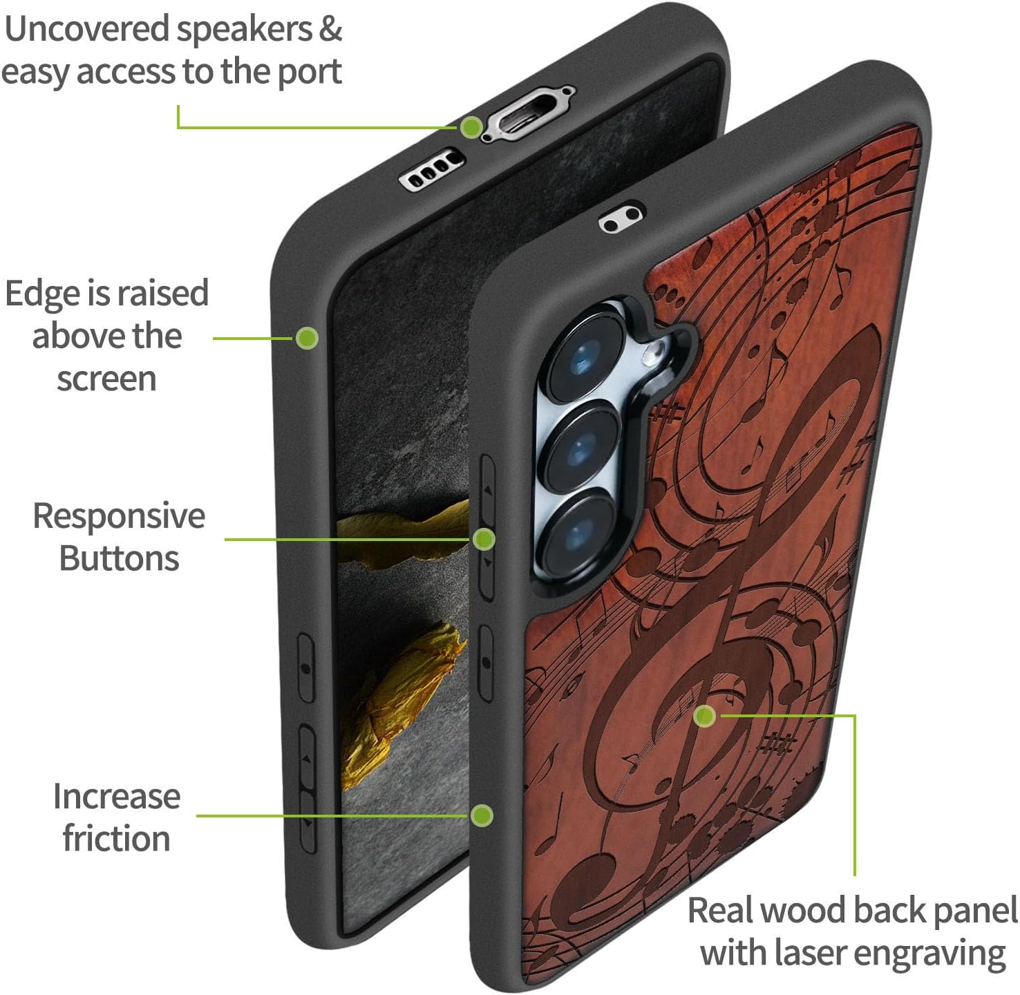 Carveit Wood Case for Galaxy S24 FE Case [Natural Wood & Black Soft TPU] Shockproof Protective Cover Unique Wooden Design Compatible with S24 FE (Musical Notes-Rosy)