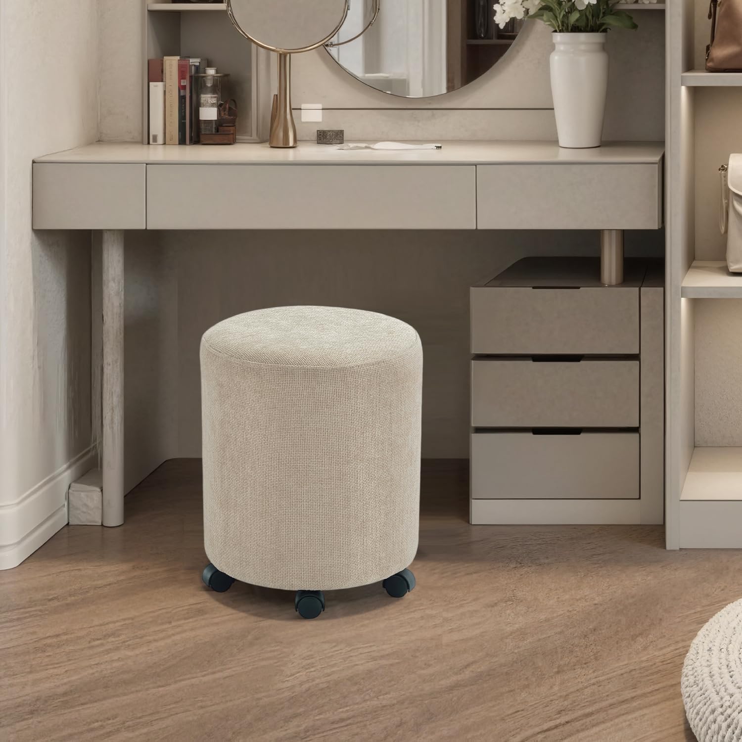 Get Set Style Ottoman with Wheels, Rolling Vanity Stool for Makeup, Upholstered Vanity Rolling Chair Footrest Round Ottoman Foot Stool for Living Room, Bedroom Creamy