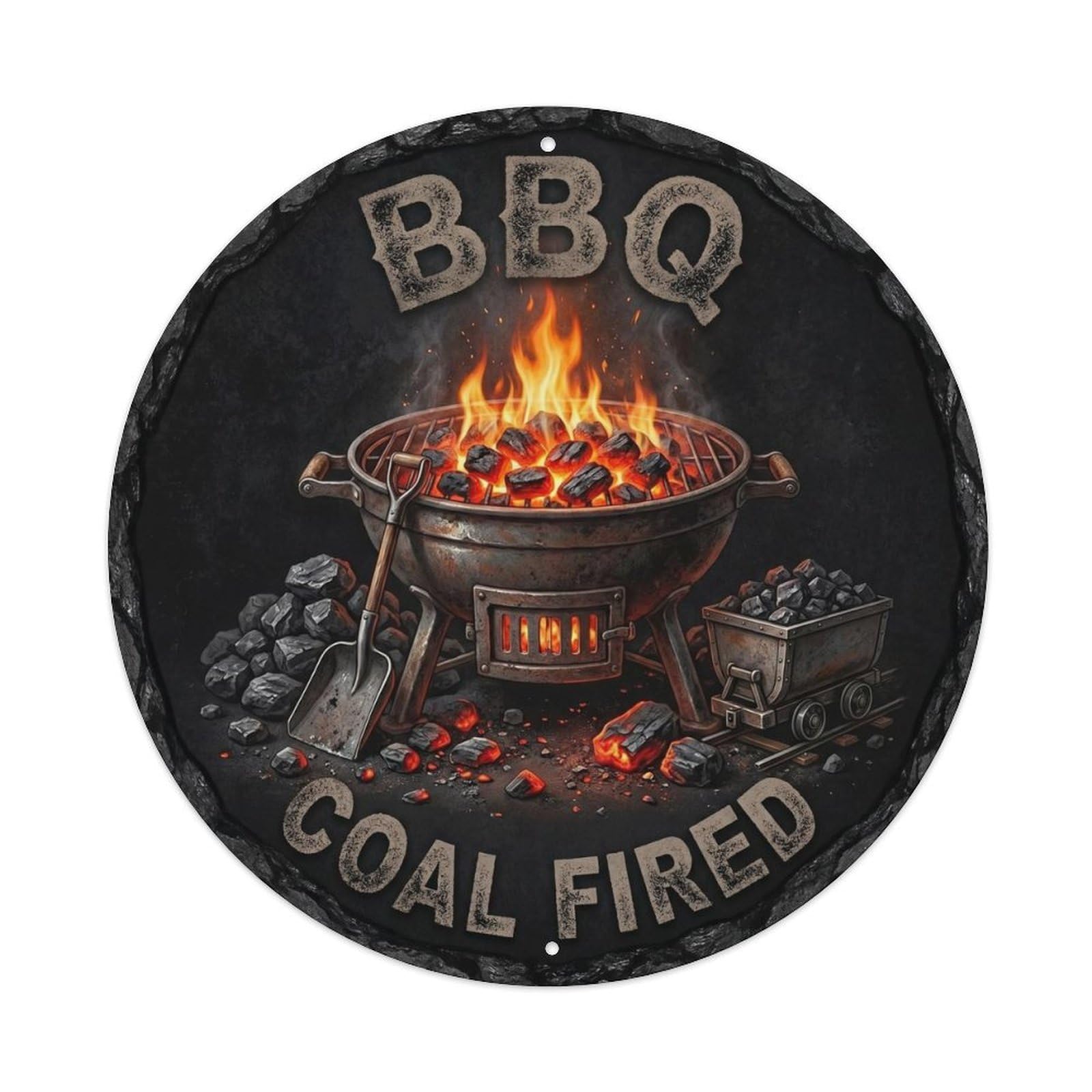 BBQ Barbecue Coal Fired Vintage Metal Tin Sign Plaque Wall Decor for Cafe, Club, Garden Round Metal Poster 8x8Inch