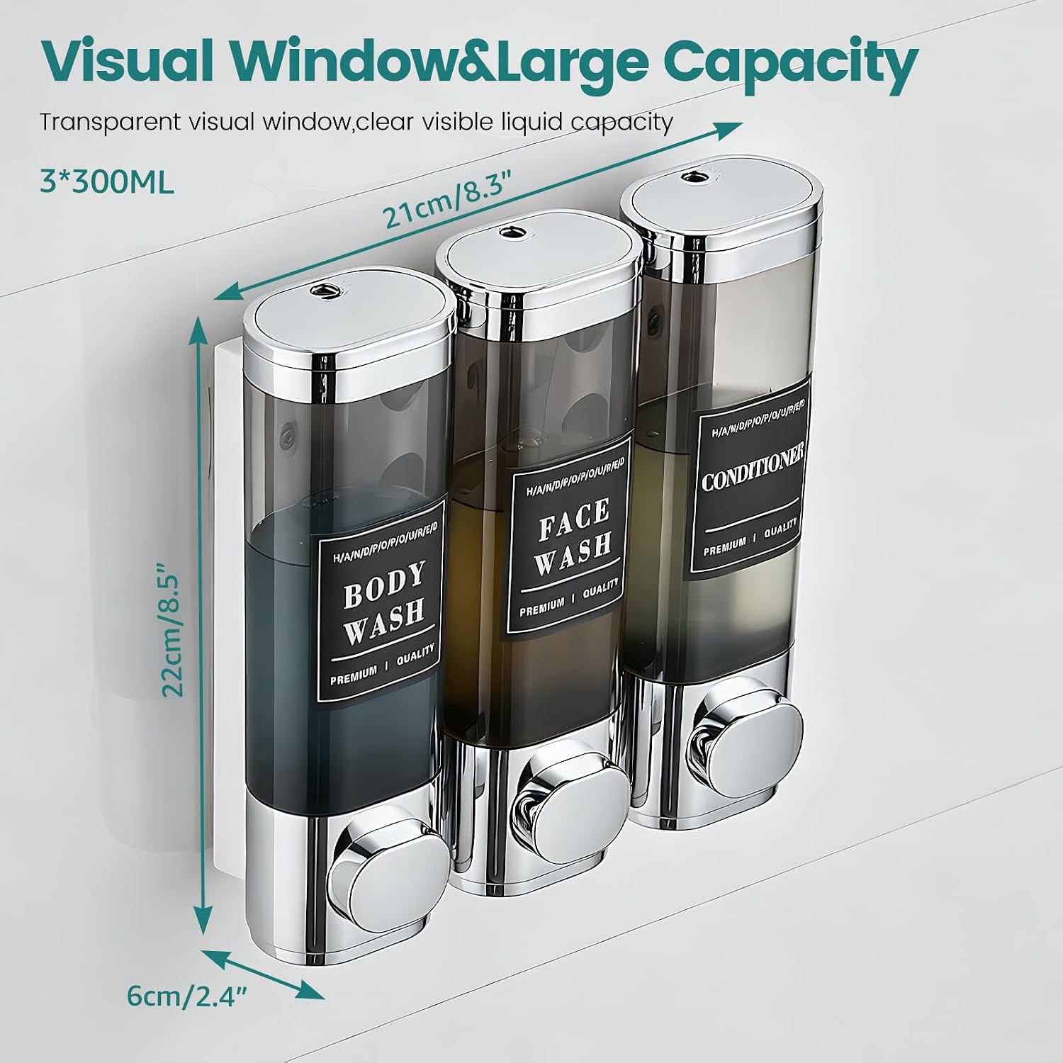 Shampoo and Conditioner Dispenser,Shower Soap Dispenser 3 Chamber No Drill Wall-Mounted Shampoo Dispenser for Shower Wall Mounted Shower Dispenser for Bathroom Hotel Large Capacity, Chrome