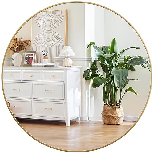 Gold Circle Mirror for Bathroom, 24 inch Circle Mirror, HD Eco-Friendly Round Bathroom Mirror for Over Sink, Matte Gold Metal Framed Wall Mirror for Wall, Vanity, Living Room, Easy to Install - Gold - 24"L x 24"W