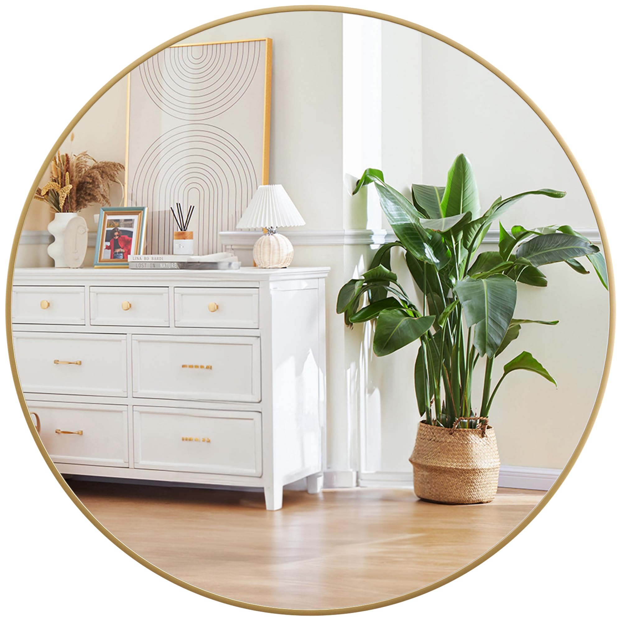 gold circle mirror for bathroom, 24 inch circle mirror, hd eco-friendly round bathroom mirror for over sink, matte gold metal framed wall mirror for wall, vanity, living room, easy to install