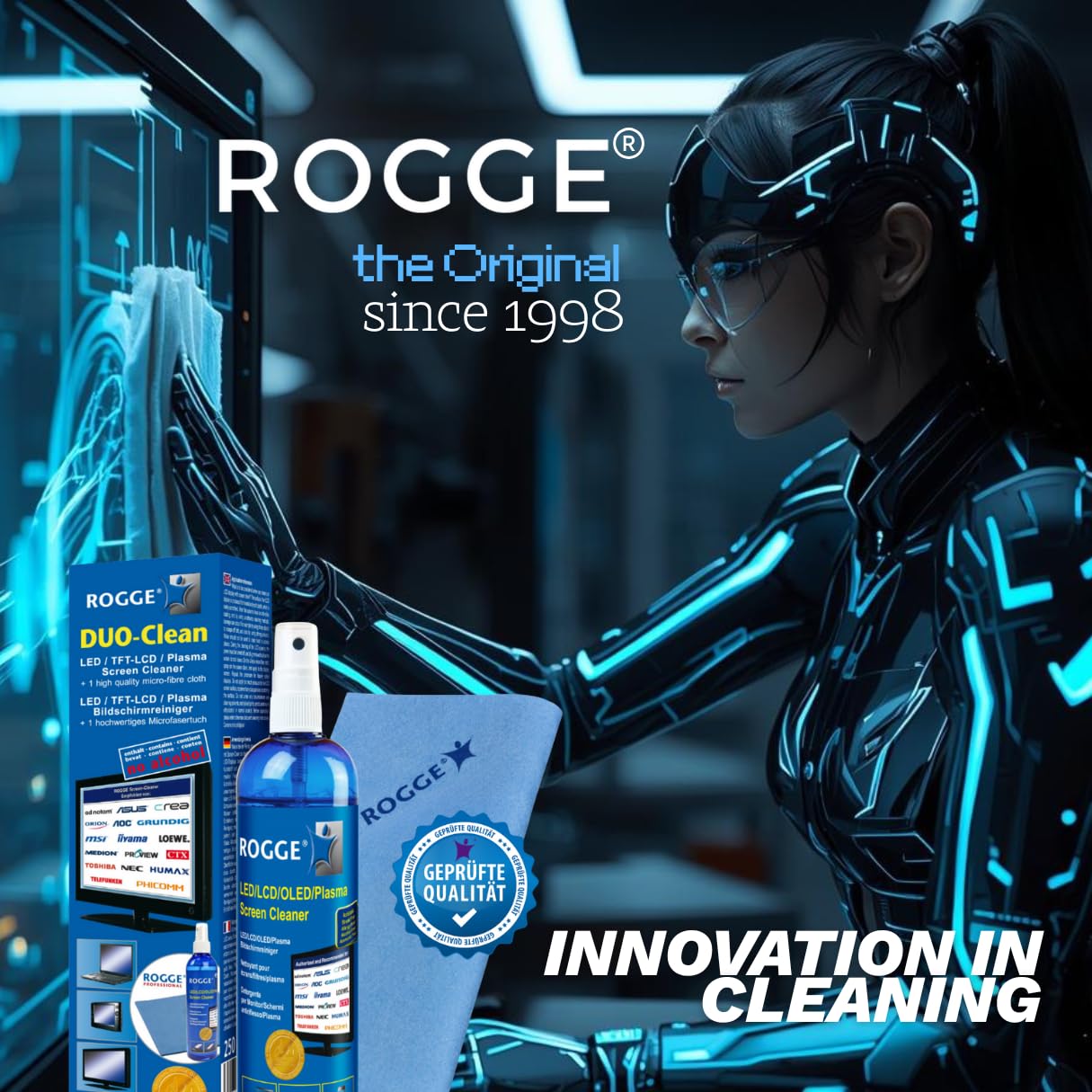 ROGGE Duo-Clean Original, 5X 250ml LED,LCD,TFT+Plasma Bildschirmreiniger inkl. 5X M.P.P Prof.Microfasertuch 38x40cm. Streifenfreie Reinigung alle glatten Oberflächen.