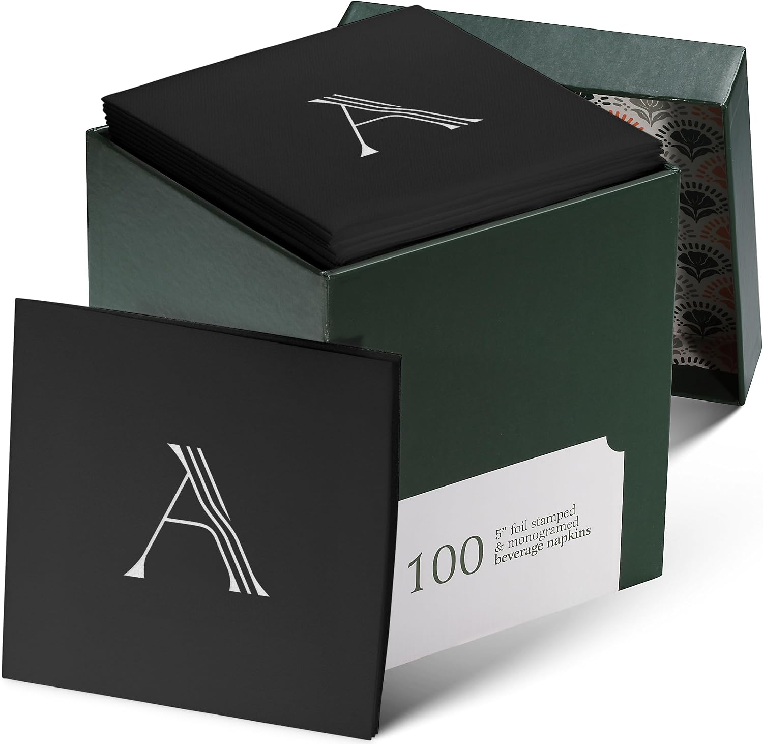100 Pack Disposable Monogrammed Cocktail Napkins Black, 5"x5" Linen-Feel Silver Foil Letter M Paper Napkins, Initial White Beverage Napkins For Wedding, Party, Bar Or Holiday