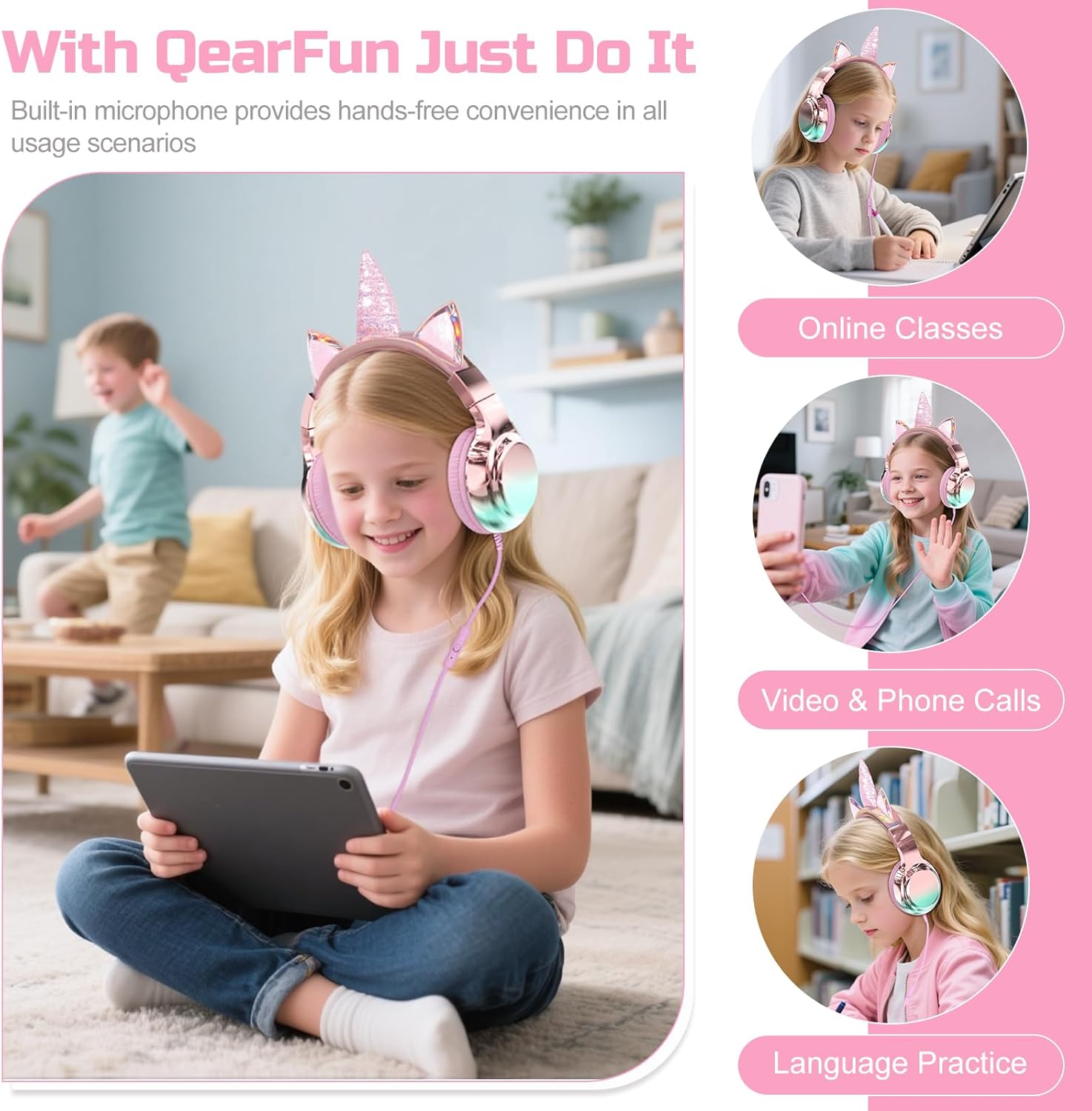 QearFun Kids Cat Ear Headphones Wired with Mic, 85/94dB Safe Volume Limit, Sparkly Wired Headset, Foldable, Sharing Port & Tangle-Free Cord for School, Chromebook, Tablet, Travel, Boys & Girls - Image 4