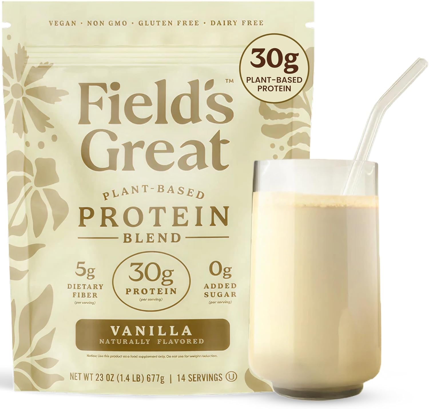 Field’s Great Vanilla Pea Protein Powder – 30g Vegan Protein + 5g Fiber, Sugar Free, Chromium Picolinate – 2-in-1 Appetite & Gut Support – Gluten-Free, Dairy-Free, Non-GMO, No Whey – 23oz