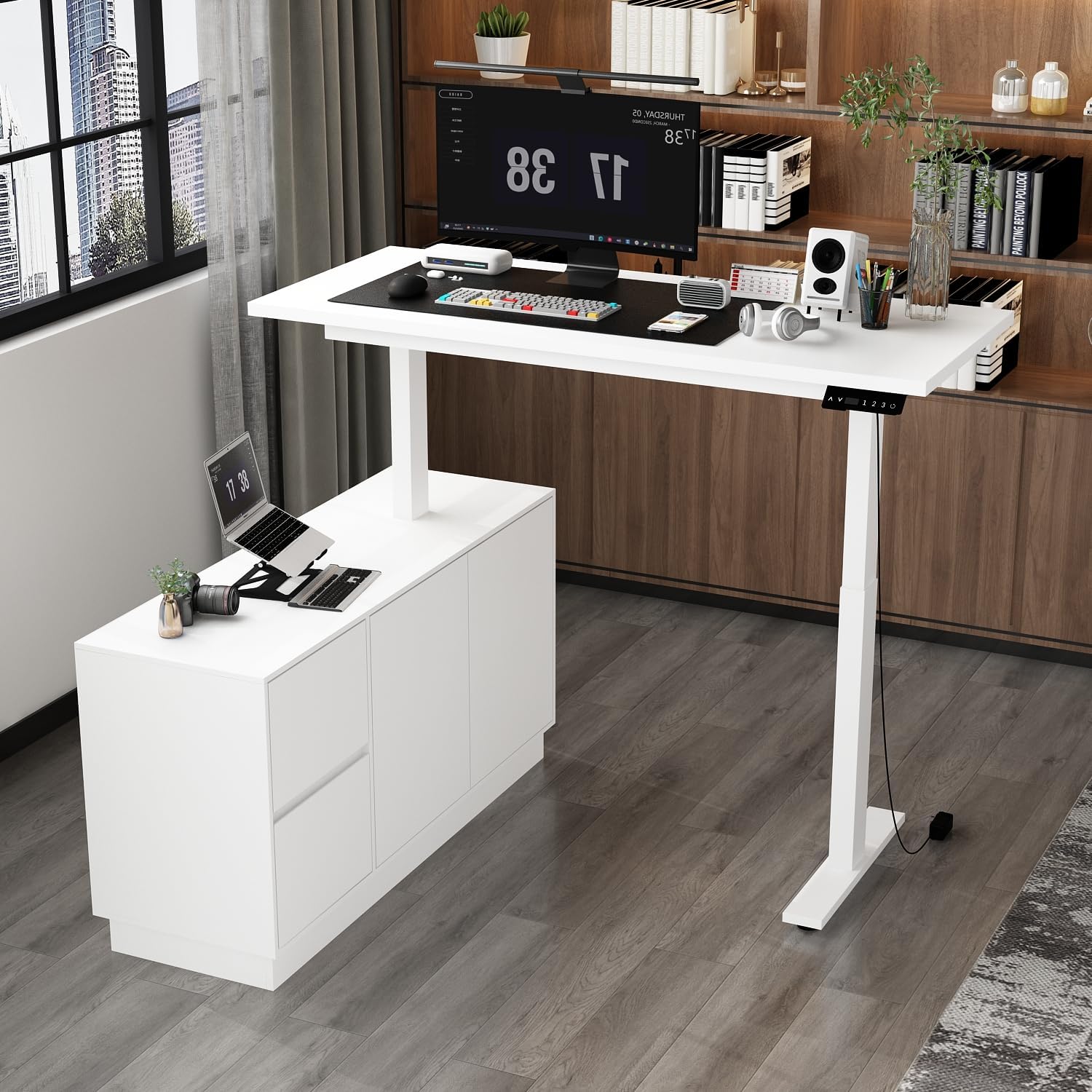 Hitow L Shaped Standing Desk Height Adjustable, 54.3" W Electric Sit Stand Desk with Drawers & Storage Cabinet, Reversible Home Office Table Corner Computer Workstation, White (29.5"-44.5" H)