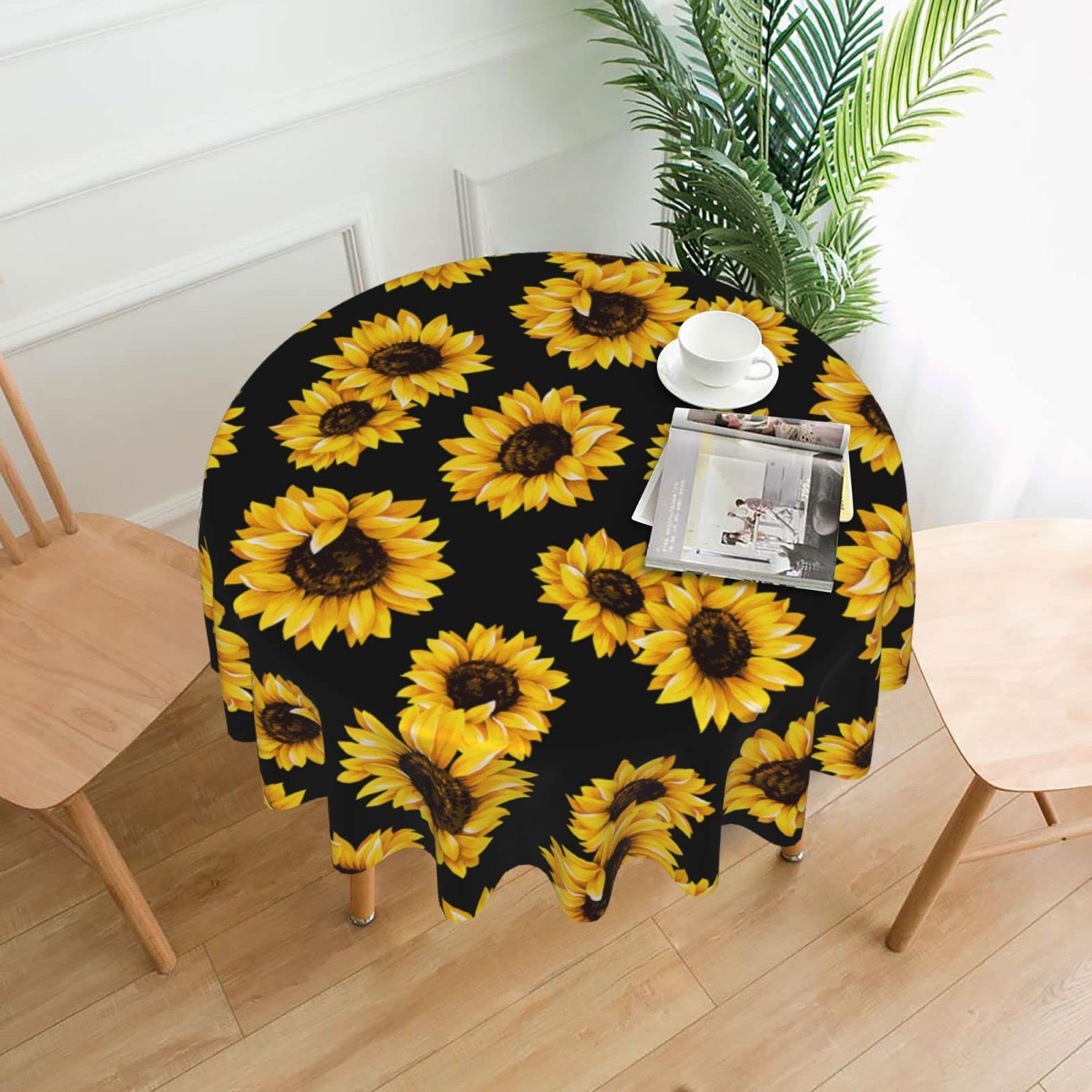 Tovaglia rotonda con pizzo 150 cm giallo girasole stampato