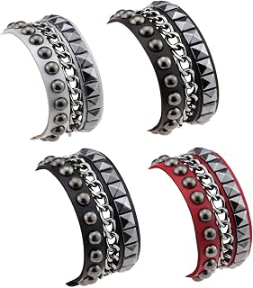 4 Pieces Punk Rock Faux Leather Rivet Spike Studded Bracelet Gothic Biker Strap Cuff Buckle Wristband Bracelet for Men Women Girls Boys Hip Hop Unisex Jewelry Gift