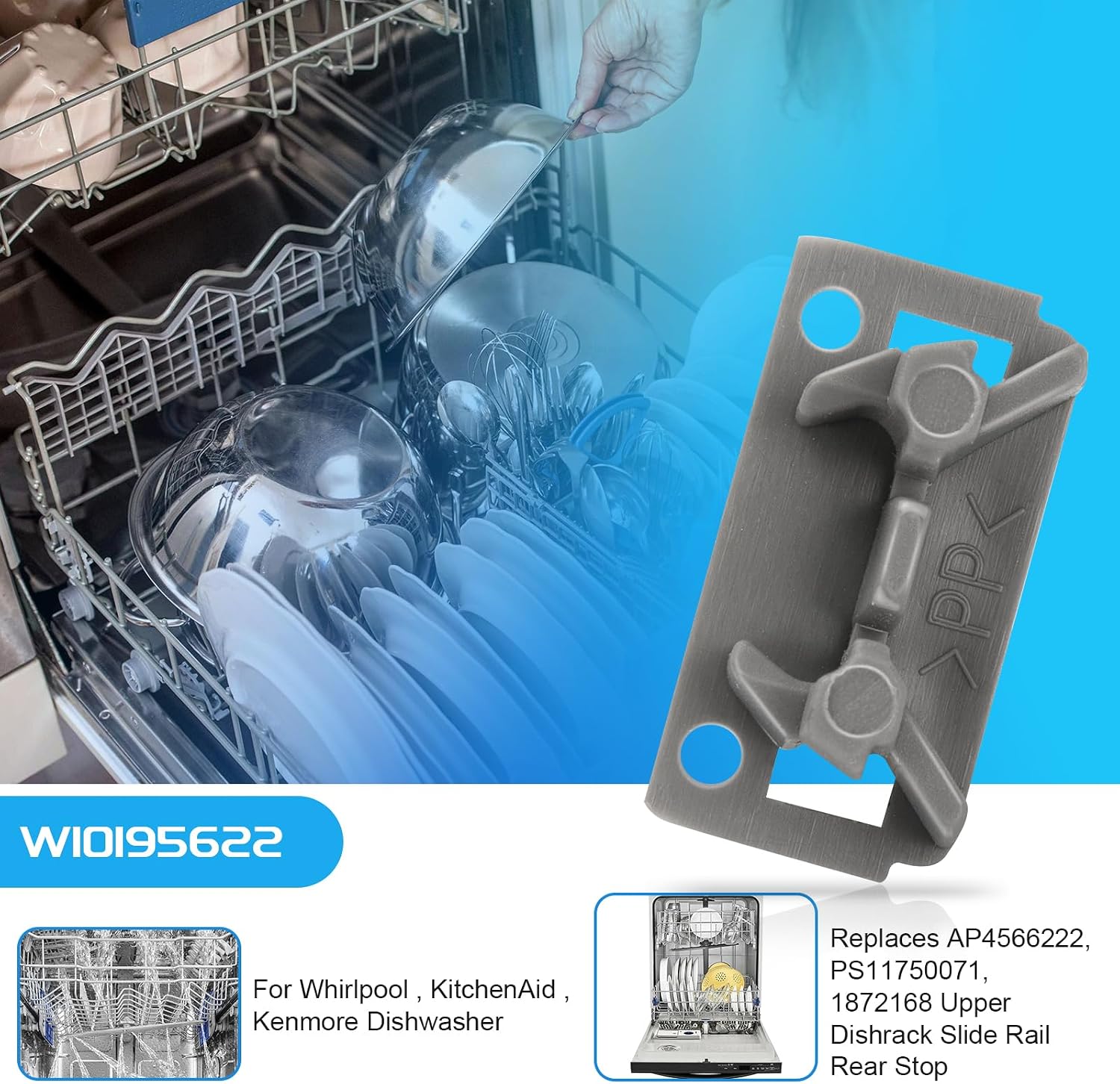 4 Pack WPW10195622 Dishwasher Rack Stop Clip fit for Whirlpool KitchenAid Kenmore Dishwasher, Dishrack Stop Upper Dishrack Slide Rail Rear Stop, Replaces AP4566222, PS11750071, 1872168