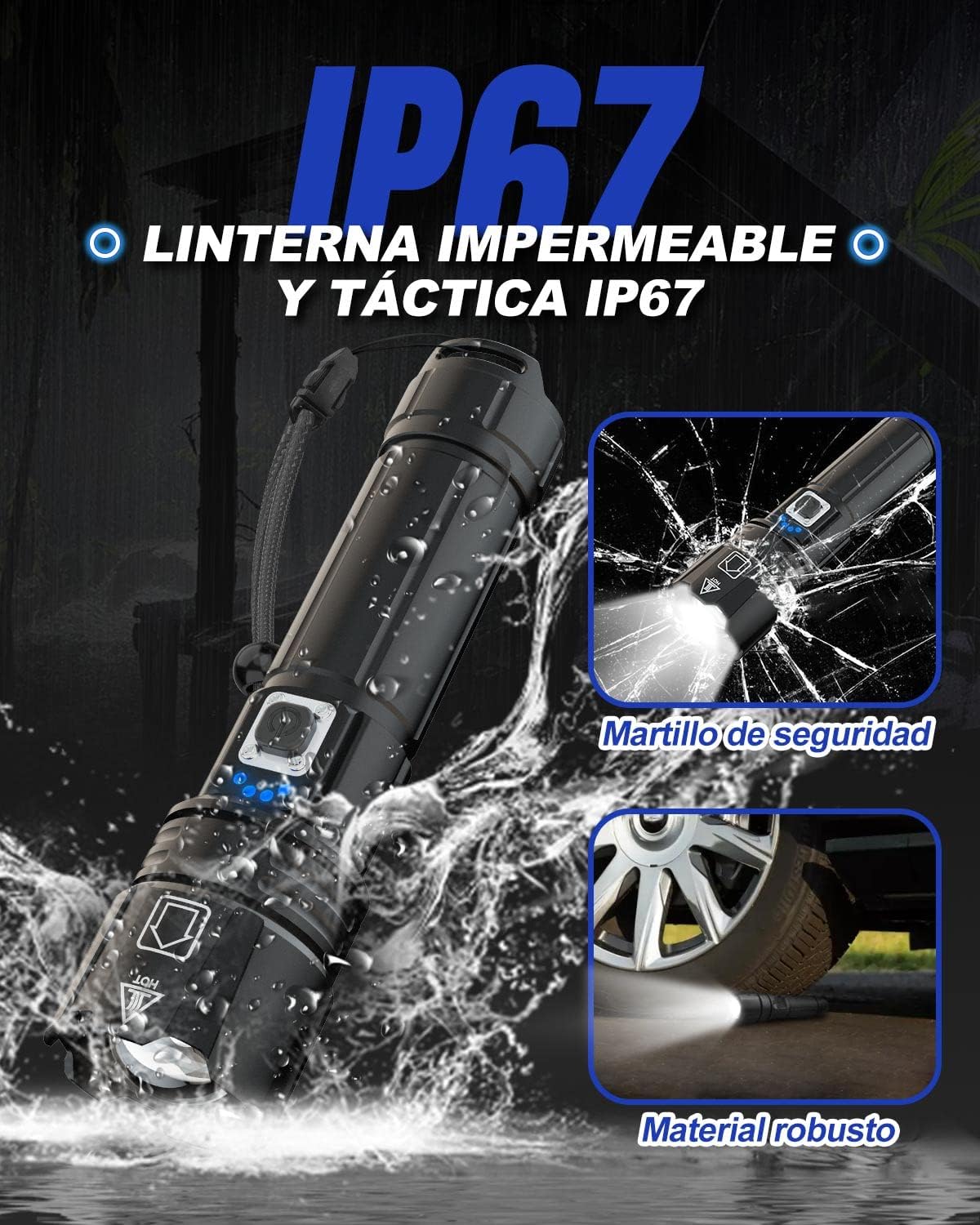Maxesla Linterna LED Recargable XHP70.2 de Alta Potencia con Zoom Ajustable, 5 Modos de Iluminación, Portátil, para Camping y Senderismo