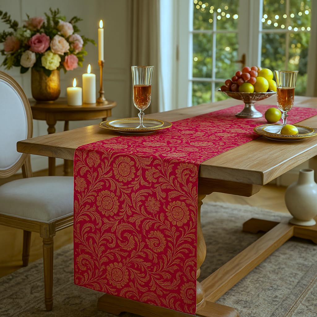 Luxury Indian Banarasi Brocade Silk Table Runner Pink & Gold Jacquard with Tassels 13x72 Inches|Perfect for 4-6 Seater Dining, Center, or Console Table |Festive Diwali Decor & Gift |WWW.THROWPILLOW.IN