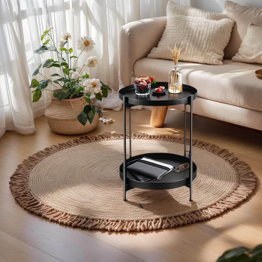 Foldable 2-Tier Round Side Table, Metal End Table with Storage for Indoor Outdoor Use, Small Coffee Table for Living Room, Bedroom, Patio, Black​