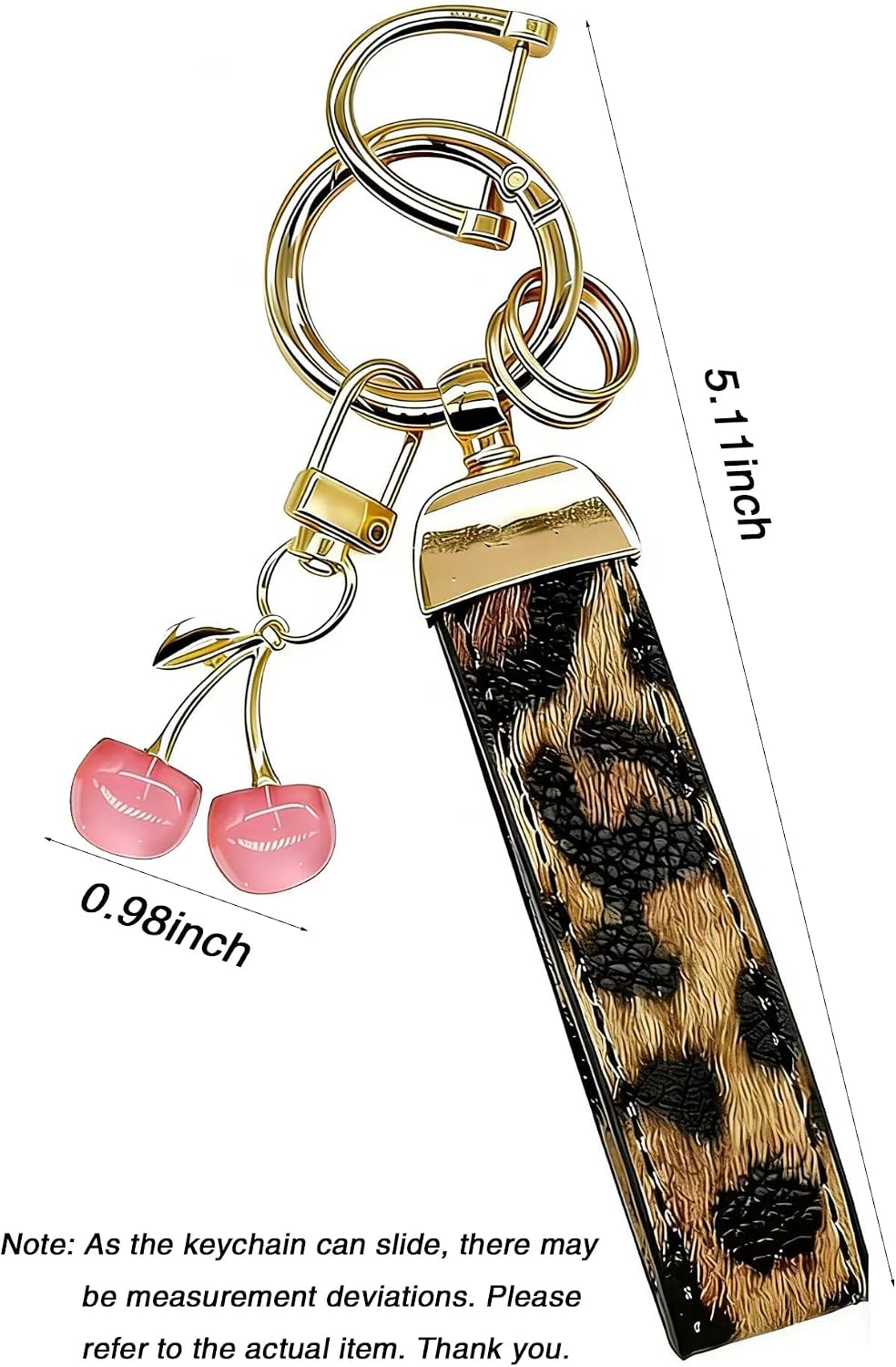 Q&D&S Leopard Print Leather Wristlet Keychain with Cherry Charm, Gold Keyring Holder for Women, Purse Bag Accessory image 2