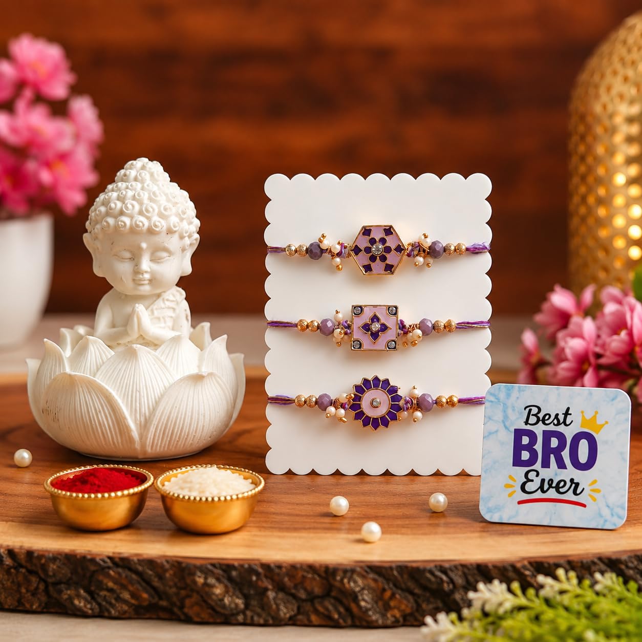 ecraftindia Designer Rakhi Set of 3 for Brother with Best Bro Ever Fridge Magnet & Buddha Showpiece | Premium Thread Rakhi Combo | Raksha Bandhan Gift for Bhai