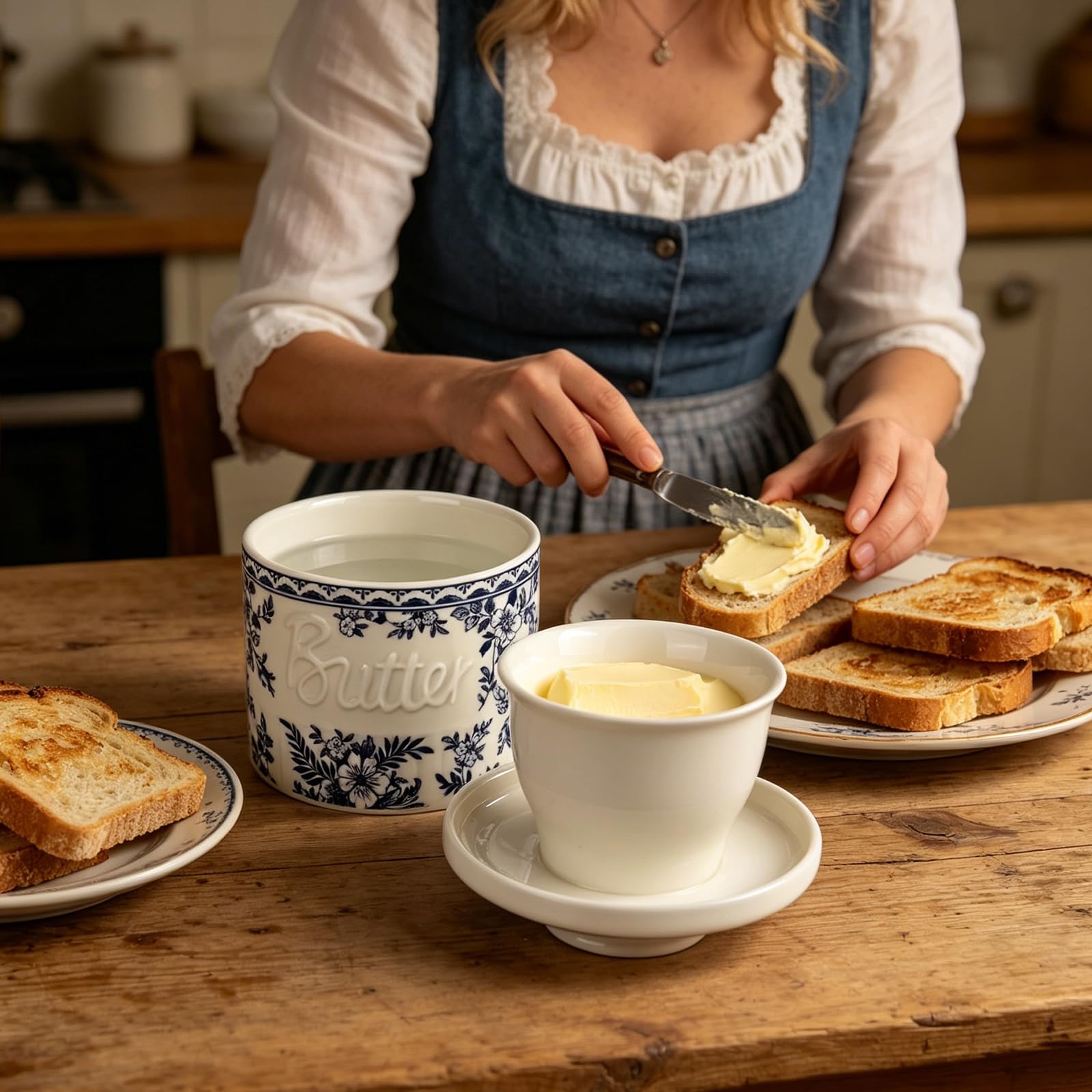 Porcelanowa miska na masło z nożem do masła, francuska miska na masło z pokrywką, chłodzona wodą miska na masło z linią wody do przechowywania świeżej, miękkiej, gotowej do spożycia maśliny