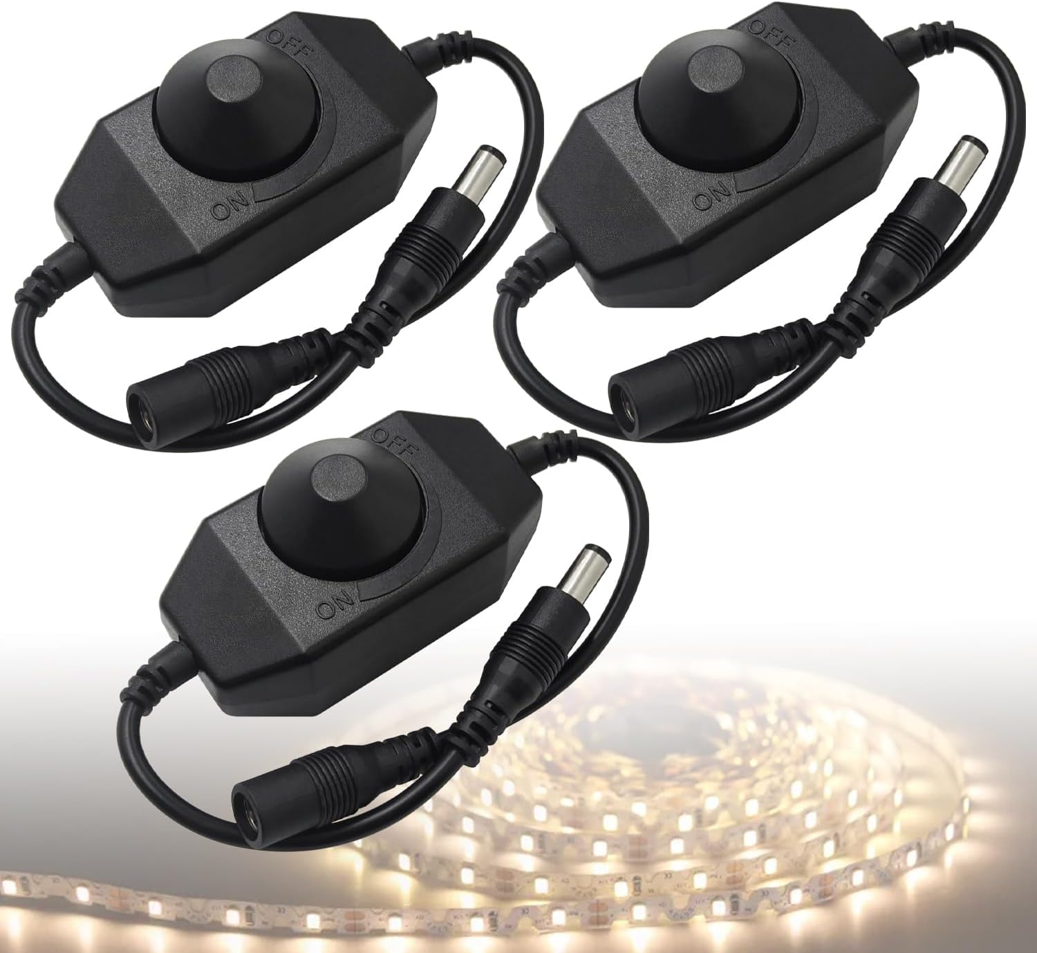 3 Pack LED Dimmer Switch Cable for 12V-24V LED Strip Lights - PWM Rotary Controller for String Lights, CCTV Cameras