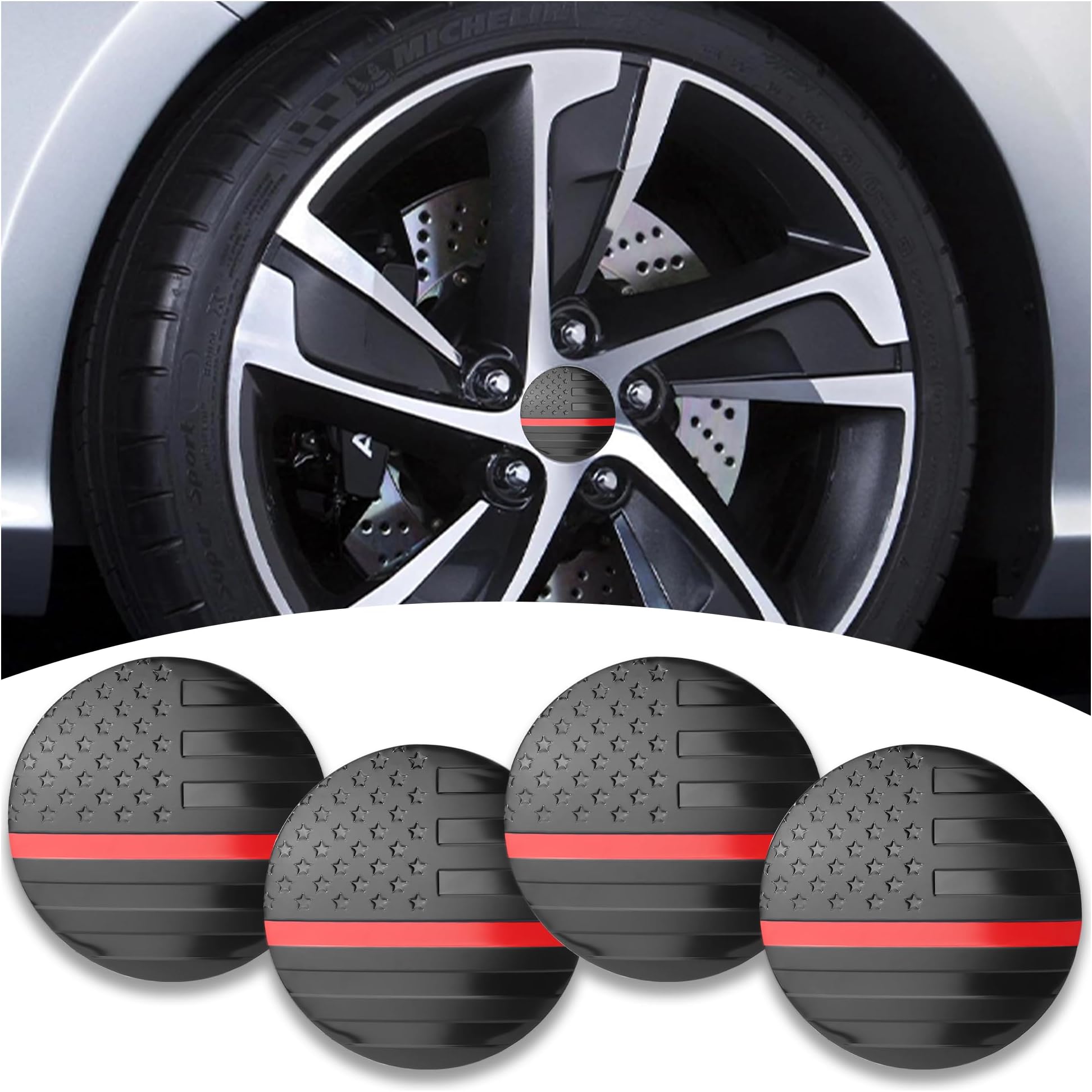 4PCS American Flag Car Wheel Center Caps Sticker,Wheel Hub Caps Sticker Compatible with 56mm/2.2 Inch Wheel Hub Caps,Automotive Exterior Accessories Center Caps for Rims Car Decorations (Black & Red)