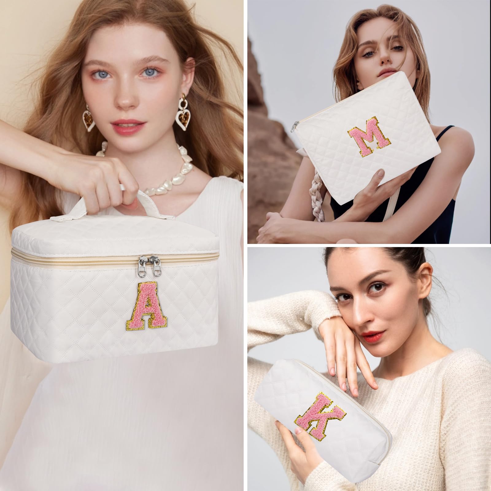 Makeup Bag,Quilted Make Up Bag,Large Initial Cosmetic Bag for Women, Cute Cotton Makeup Bags Set, Personalized Travel Toiletry Bag for Teen Girl Friend Sister Wife Girlfriend Gifts A