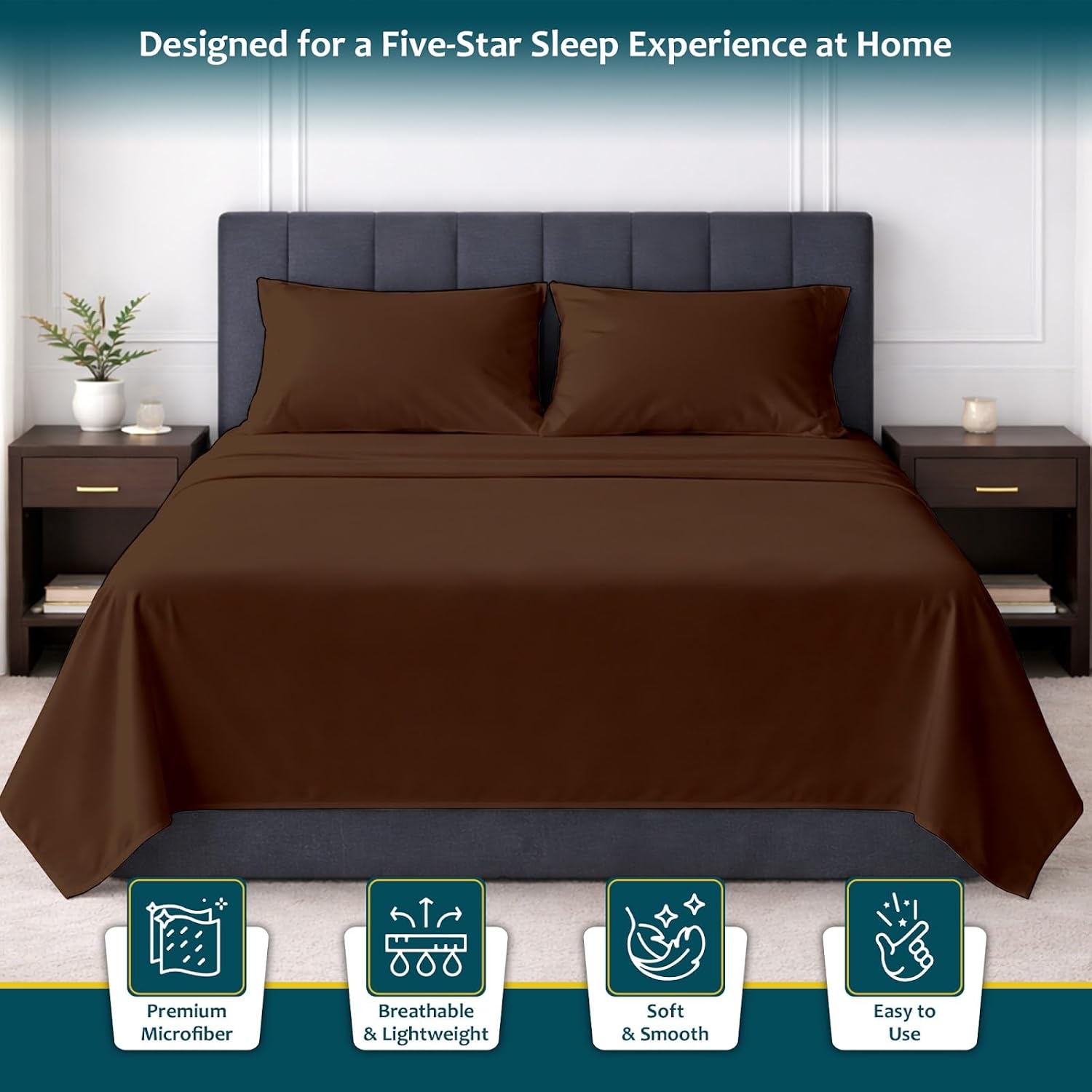 Shreem Linen Queen 4 Piece Sheet Set, 1800 Ultra Soft Hotel Luxury Bedding, Breathable and Cooling, Deep Pockets Fit 8-16 Inch Mattress, Chocolate