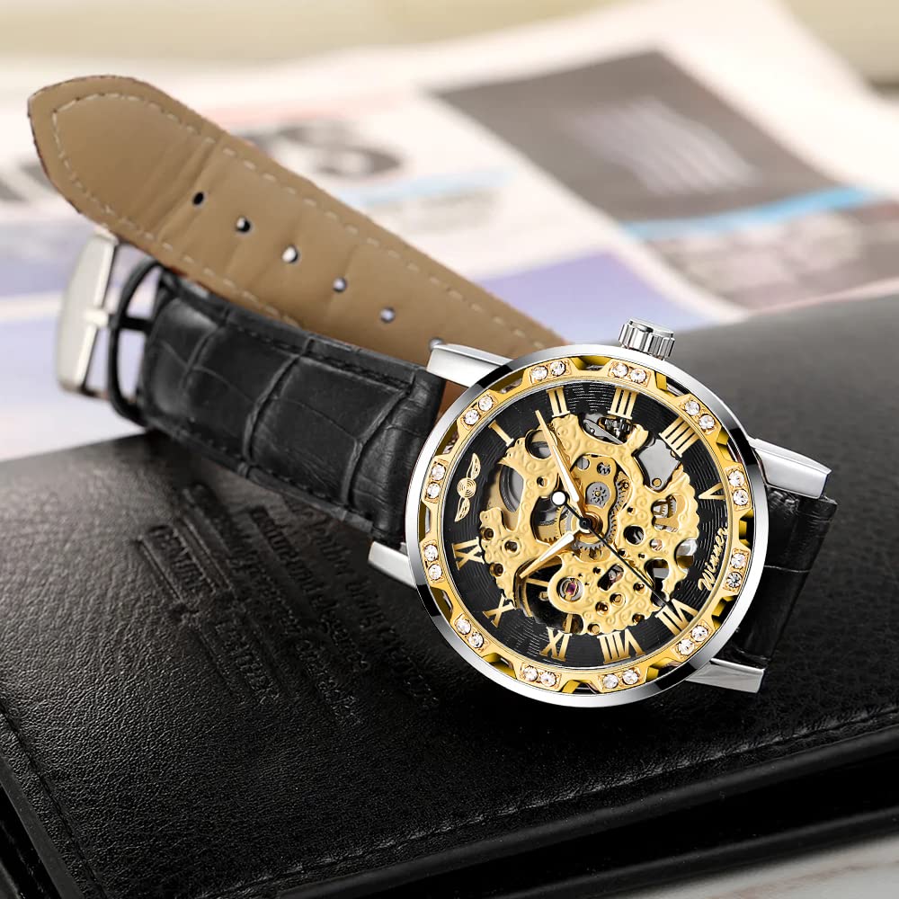 Vintage Leather Manual Mechanical Skeleton Men's Watch, Men's Mechanical Watch with Diamond and Carved Flower Design, Classic Roman Digital Leather Watch for Men