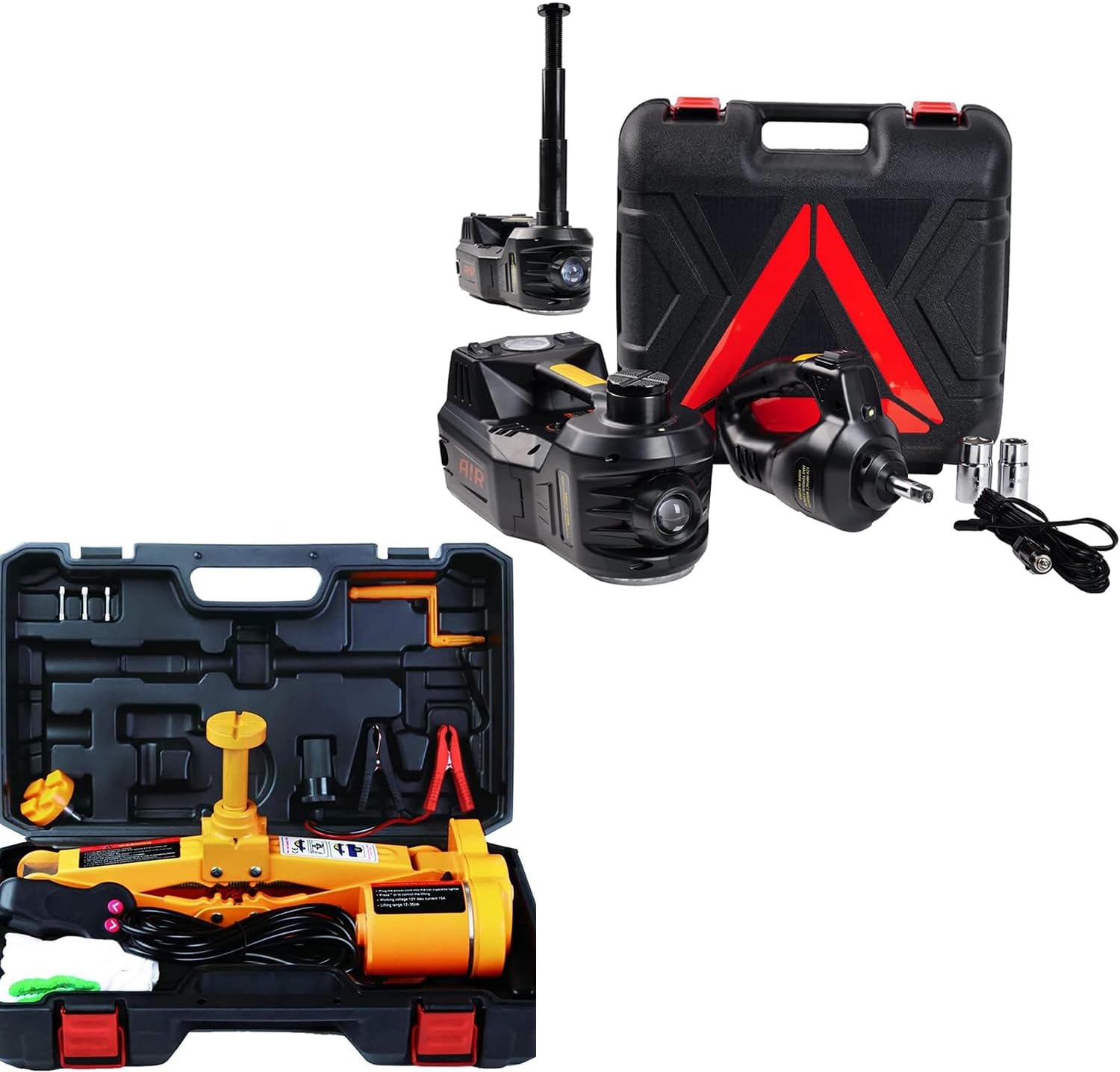 ROGTZ Dual-Pack Electric Car Jack Set – 3 Ton Automatic 12V Scissor Floor Jack & 5 Ton Hydraulic Jack Kit with Impact Wrench, Tire Inflator Pump & LED Light for Tire Change Replacement