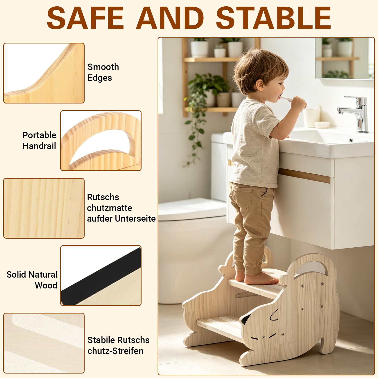 Marchepied pour Enfant, Antidérapant Portables Tabouret Marche Pied Bois 2 Marches Stable Marche Pied Enfant Charge Maximale 150kg, Deux Hauteurs Réglables, pour Salle de Bain et Cuisine, Chat