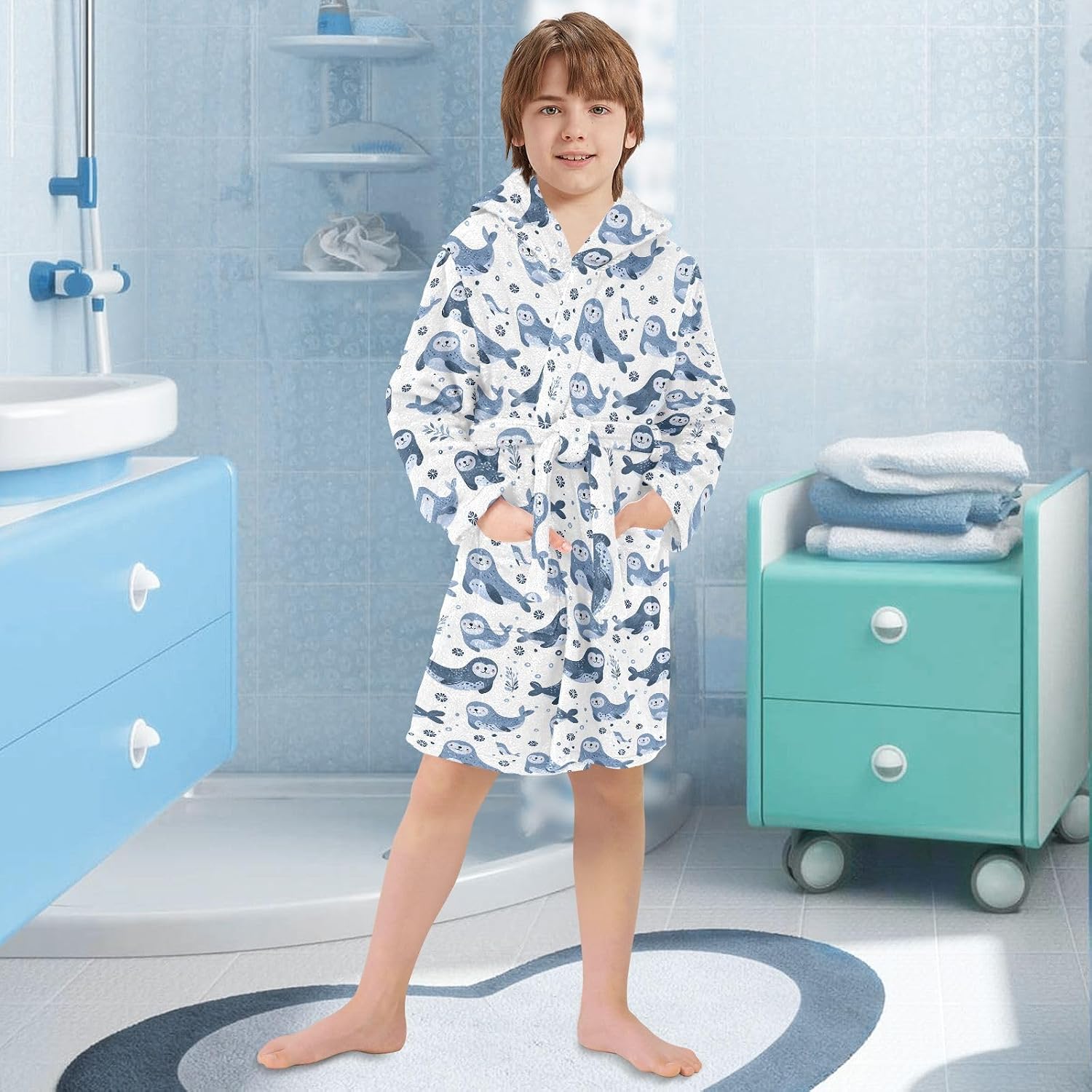 senya Sea Seal Toddler Hooded Bathrobe Kids Soft Plush Bath Towel Robes for Boys Girls 2-12 Years