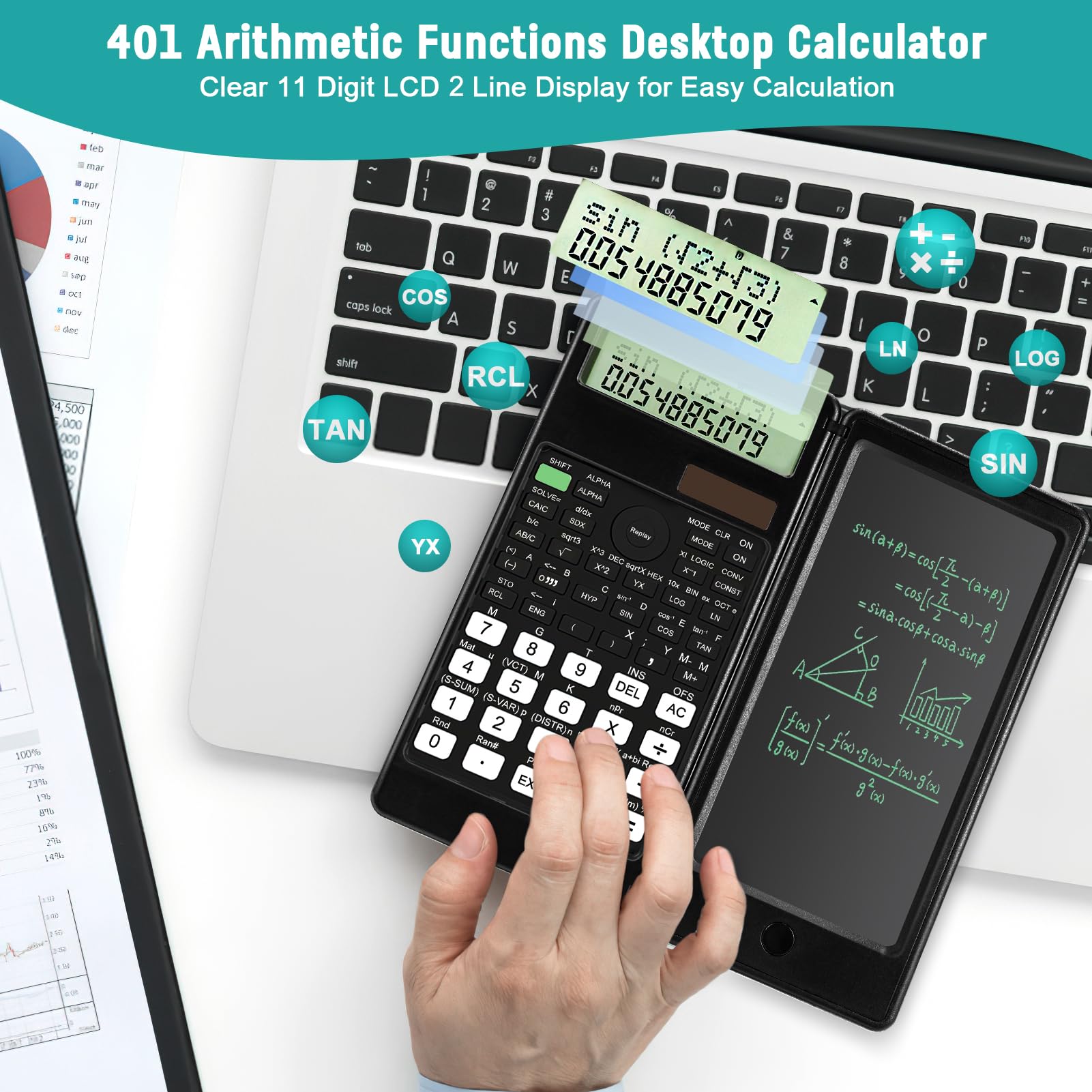Calculatrice scientifique avec tablette d'écriture, bloc-notes LCD