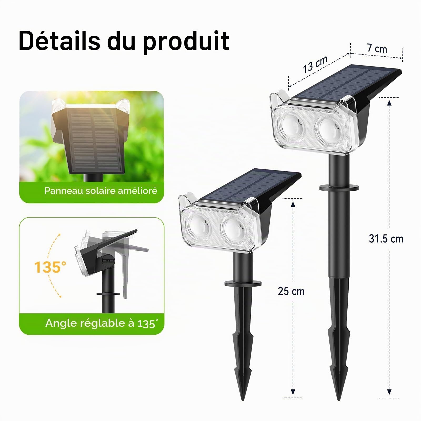 GEARLITE Spot Solaire Exterieur Puissant, Lot de 4 Lampes Solaires Exterieures Jardin 3000K Lumière Blanc Chaud, 2 Modes d'Éclairage, IP65 Étanche Eclairage Exterieur Solaire pour Chemin Allée