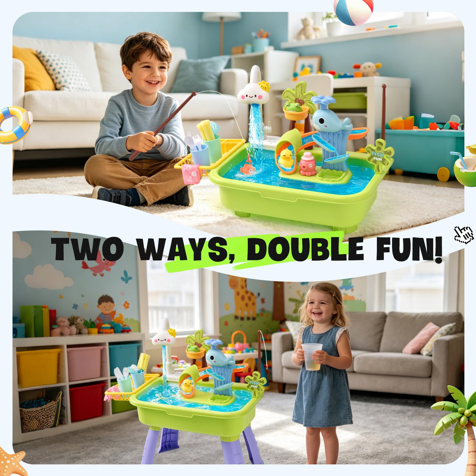 Fregadero de Juego 4 en 1 con Agua Corriente, Mesa de Agua para Niños con Pesca y Tobogán, Juguete Sensorial de Verano para Exterior