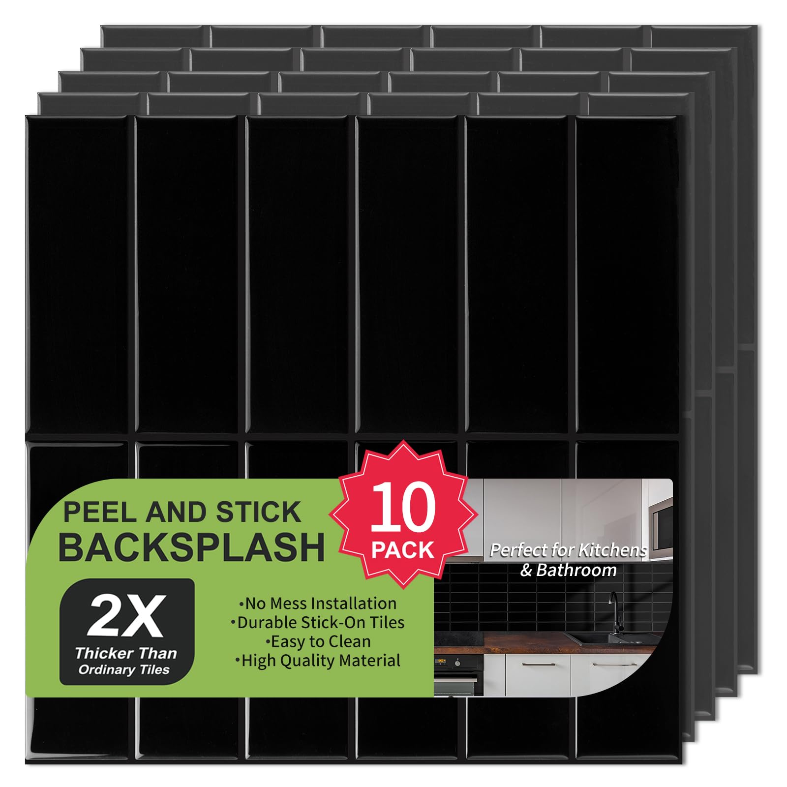 3D Stick on Tiles, Extra Thick Self Adhesive Wall Tiles, Vinyl Peel and Stick Wall Tile, Rectangle Subway Tile Sticker for Kitchen, Bathroom, Laundry, 10 Sheets of 30.5x30.5cm