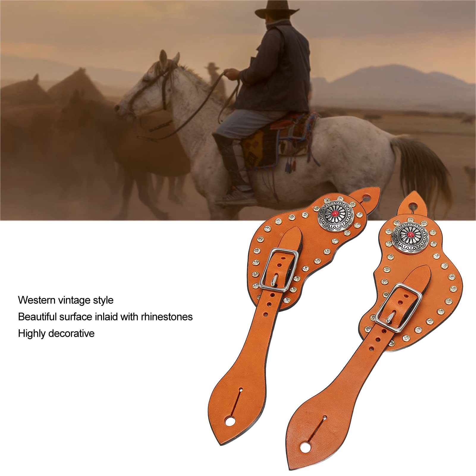 Western-Sporenriemen aus Leder, verstellbar, Vintage-Stil, mit Strasssteinen, Braun, für Reitausrüstung