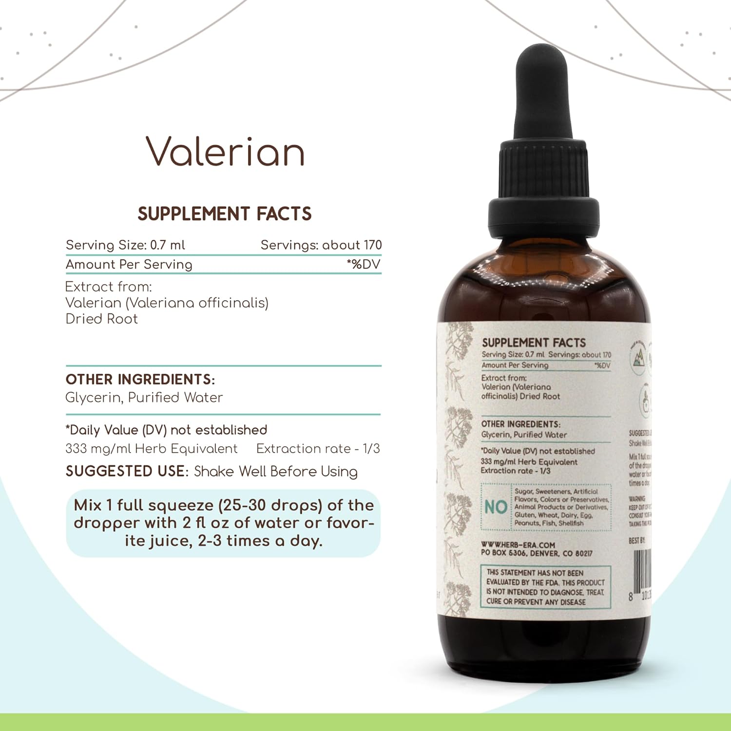 HerbEra Valerian B120 Alcohol-Free Herbal Extract Tincture, Concentrated Liquid Drops Natural (Valeriana Officinalis) Dried Root (4 fl oz)