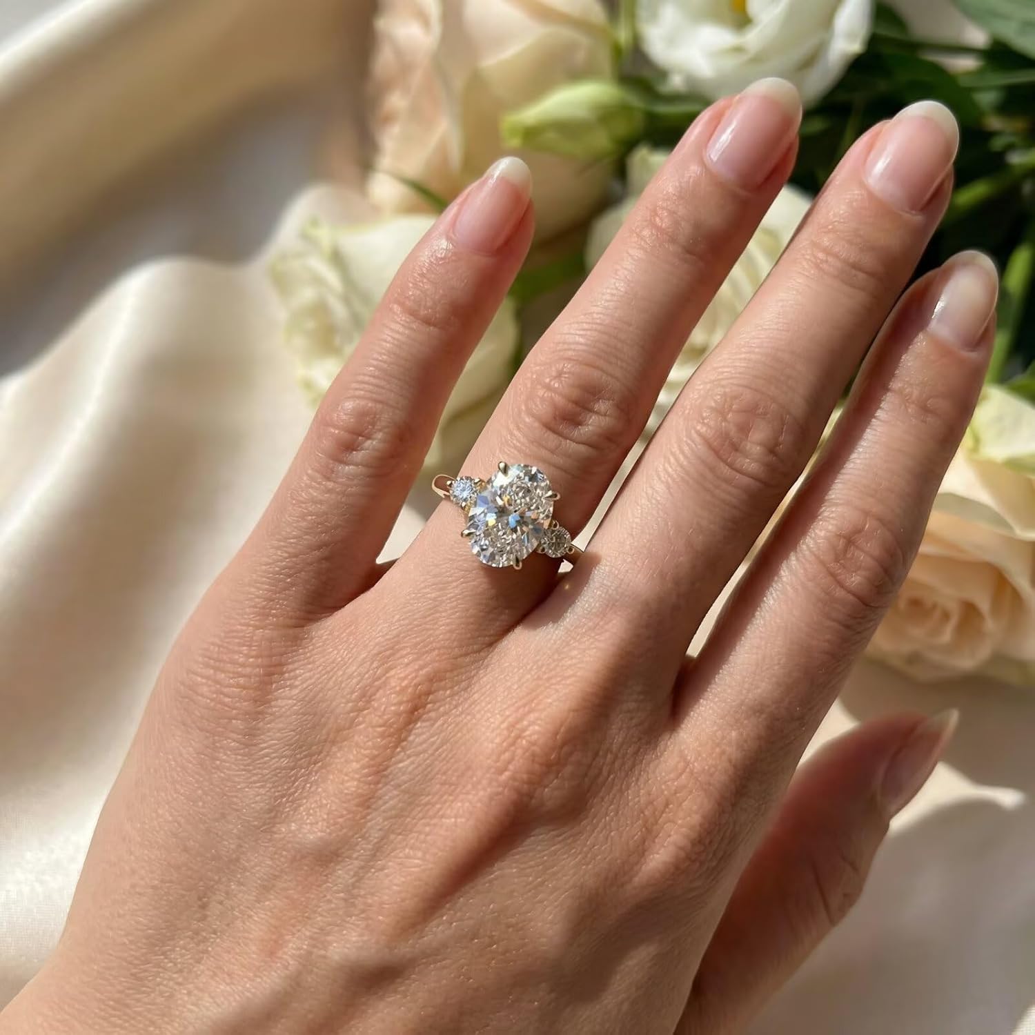 10K Solid Gold/Sterling silver Three Stone Moissanite ring for Women Moissanite Engagement Ring Main Stone 2 CT Oval Cut Wedding Ring Three Stone Anniversary Ring Gift Jewelry