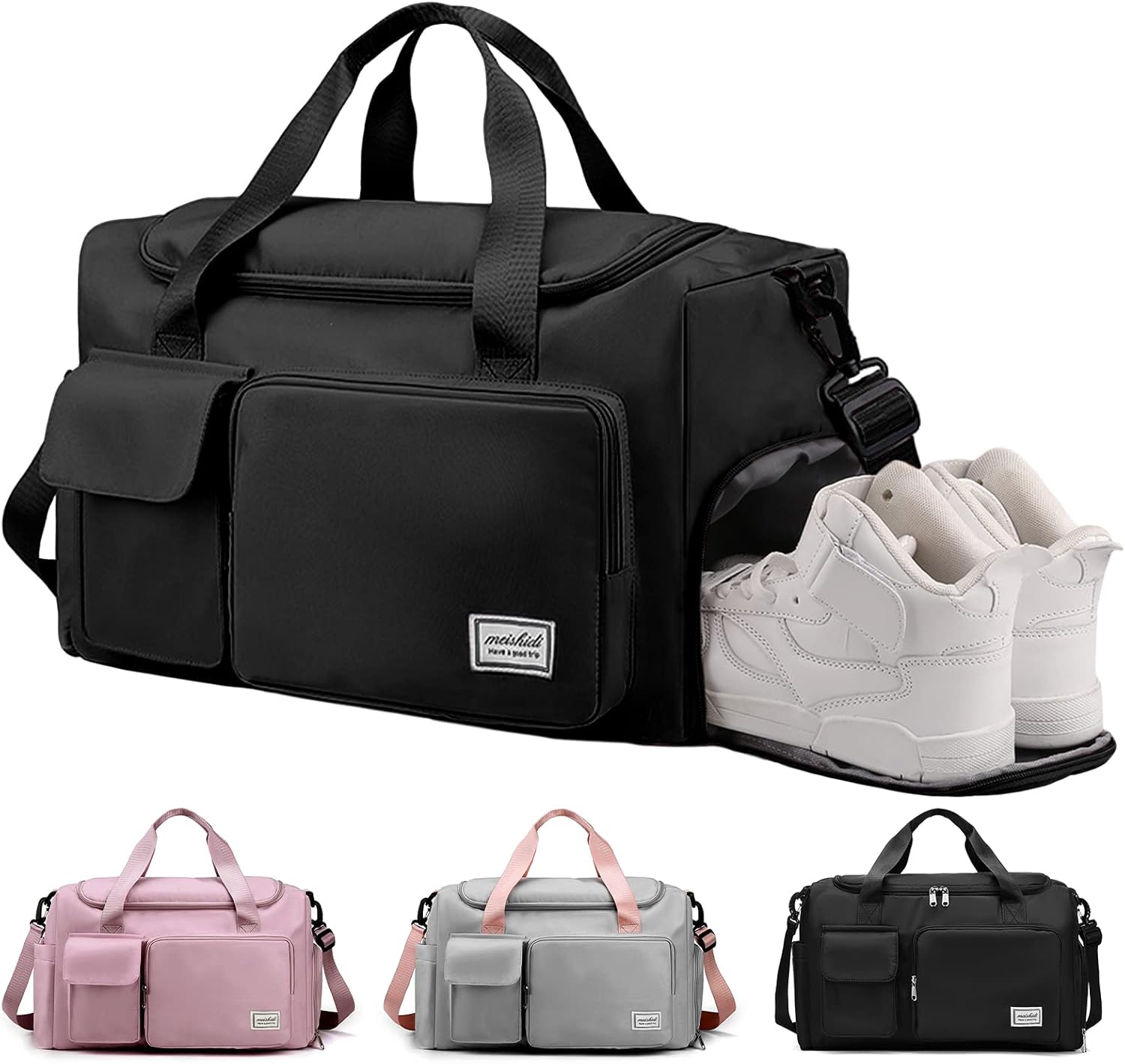 Travel Duffel Bag for Women Men, Sports Gym Bag with Shoes Compartment, Waterproof Travel Bag Overnight Bag with Dry Wet Separated Pocket, Carry Luggage Bag for Weekender, Sports, Gym, Travel (Black)