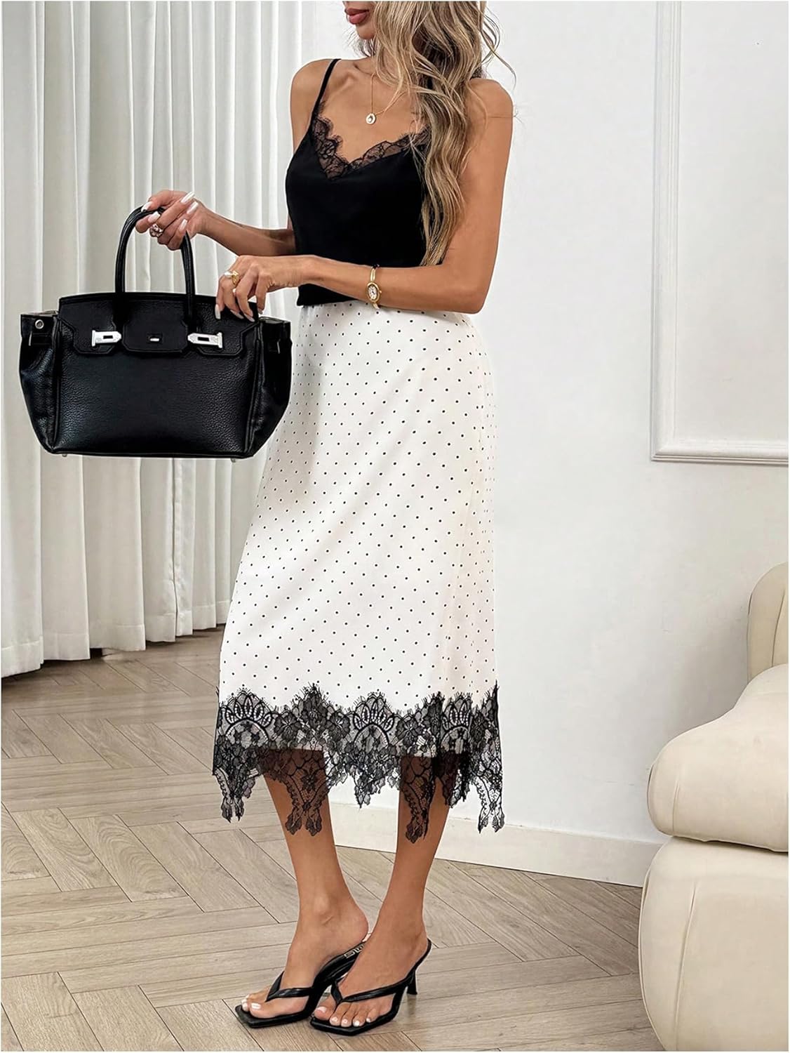 SweatyRocks Women's Polka Dots Lace Midi Skirt Elegant Business Casual Asymmetrical Skirts Vacation Outfits