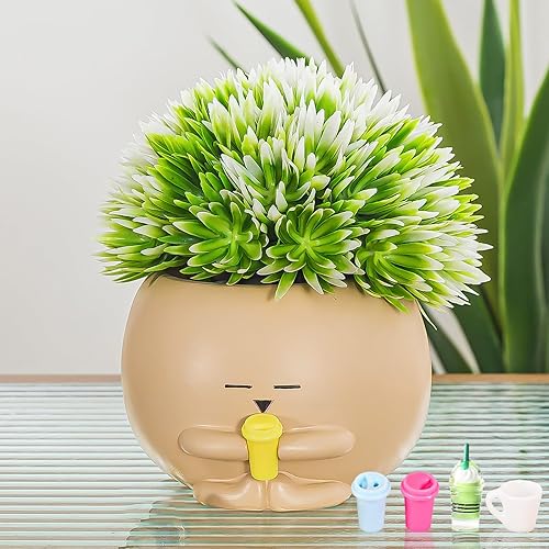 Miniatura 8 de Macetas para sentarse, macetas para suculentas, macetas de cabeza de 4.7 pulgadas para plantas de interior, bonitas macetas de resina con orificio