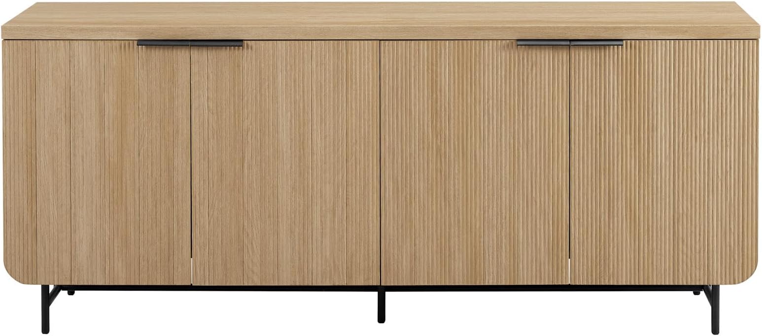 Walker Edison Modern Scandinavian Fluted Door Kitchen Storage Sideboard Buffet Cabinet Console, 69 Inch, Coastal Oak/Black
