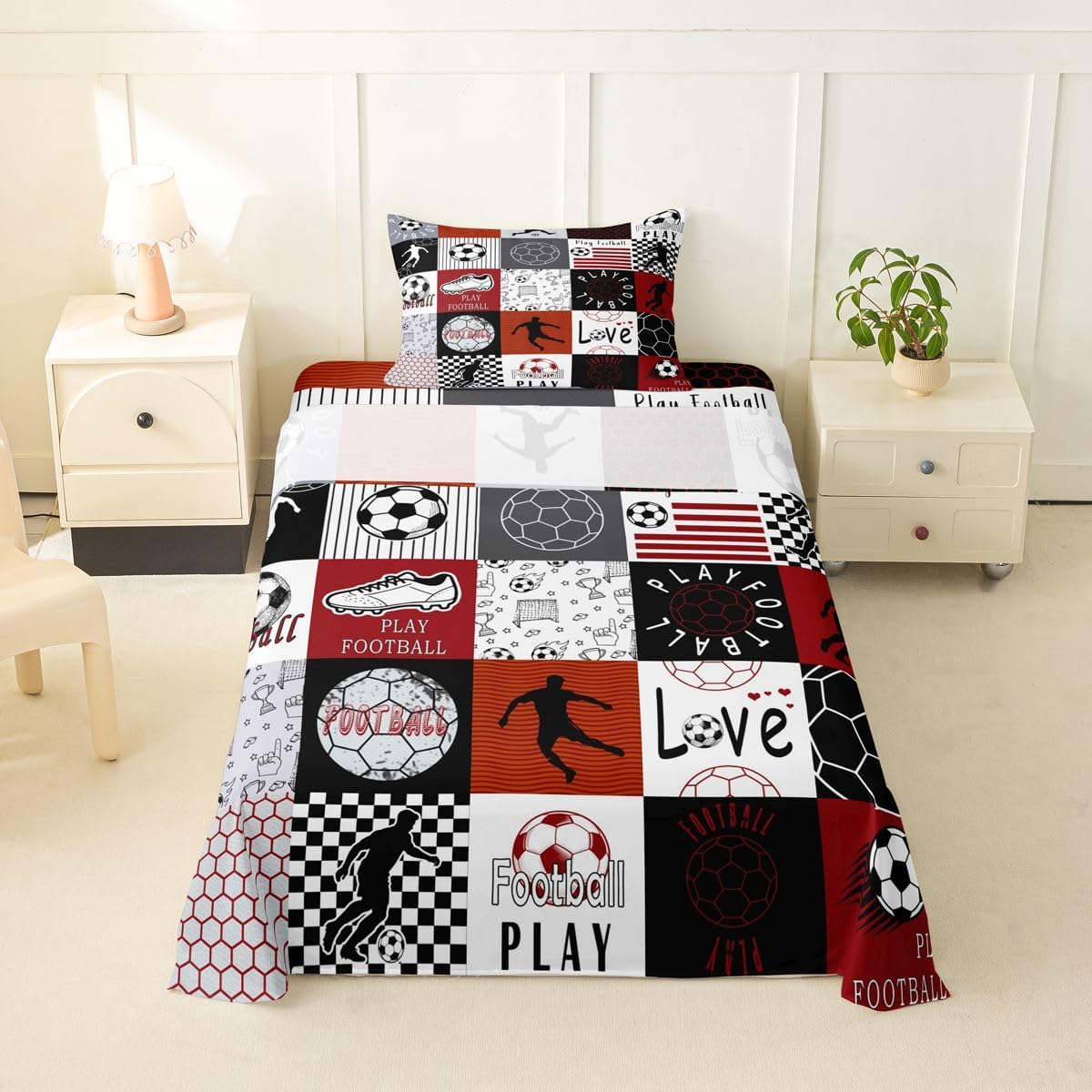 Erosebridal Football Sheet Set Black Red Patchwork Sports Twin Sheets Set for Toddler Boys,European Sport Player Ball Game Boys Athletic Decor Competitive Games Fitted Sheet
