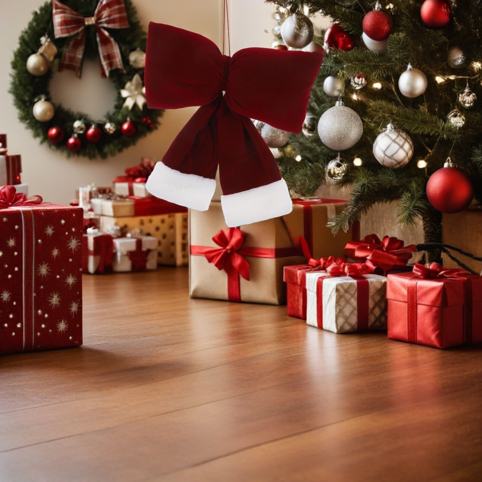 LABRIMP 3 Piezas Lazos Navideños de Franela Rojo Oscuro Adornos Colgantes para Árbol y Guirnalda Suaves y Portátiles para Decoración Festiva Interiores y Exteriores