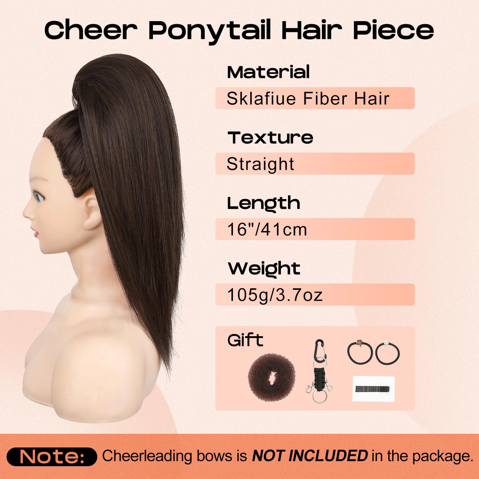 SEIKEA Cheer - Extension per capelli a coda di cavallo, 40,6 cm, biondo cenere, capelli lisci da cheerleader, per competizioni di cheerleader, danza, nero marrone con riflessi castano scuro