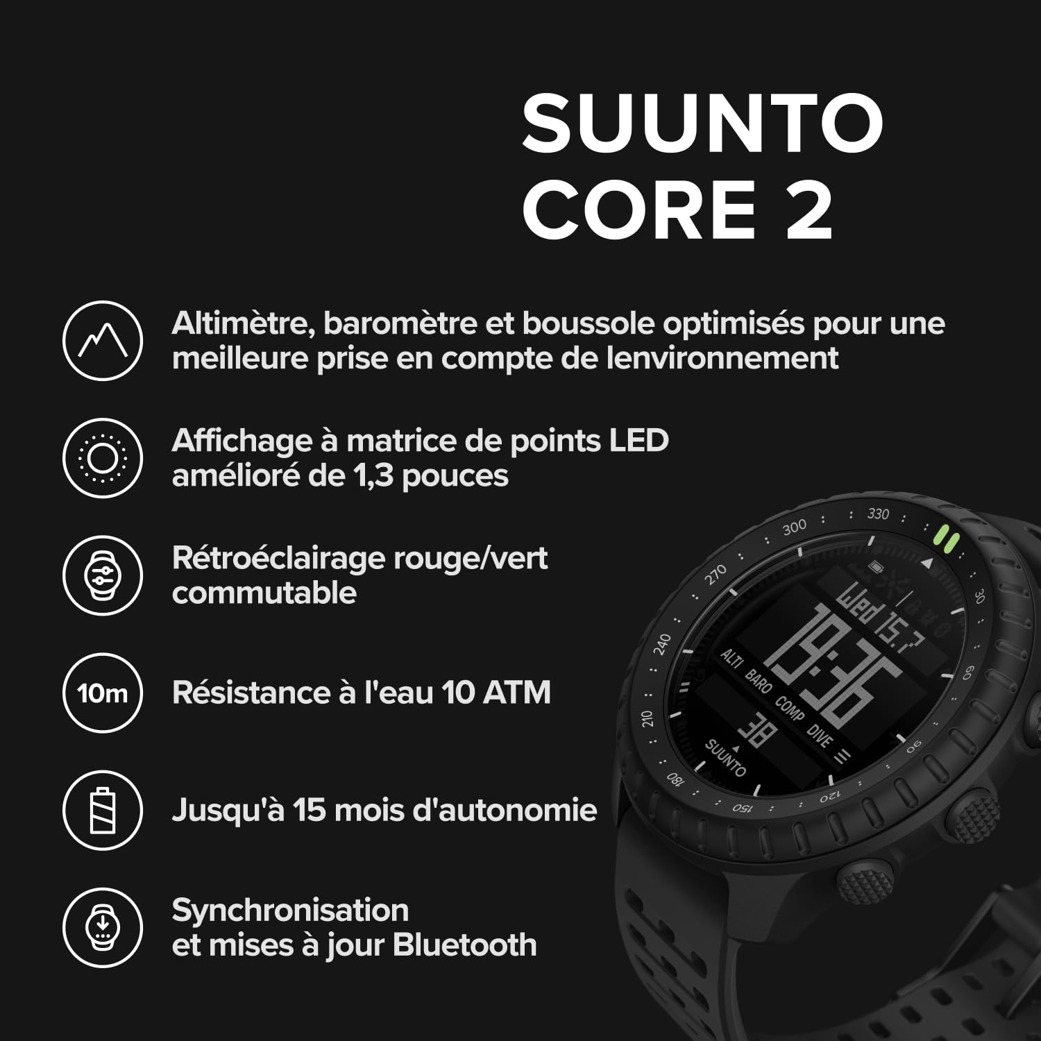 SUUNTO Core 2 Montre Outdoor, 10 ATM étanche, autonomie 15 Mois | Altimètre, Baromètre, Boussole, Alerte d'orage, Rétroéclairage rouge/vert, Suivi des pas, App SUUNTO, Noir