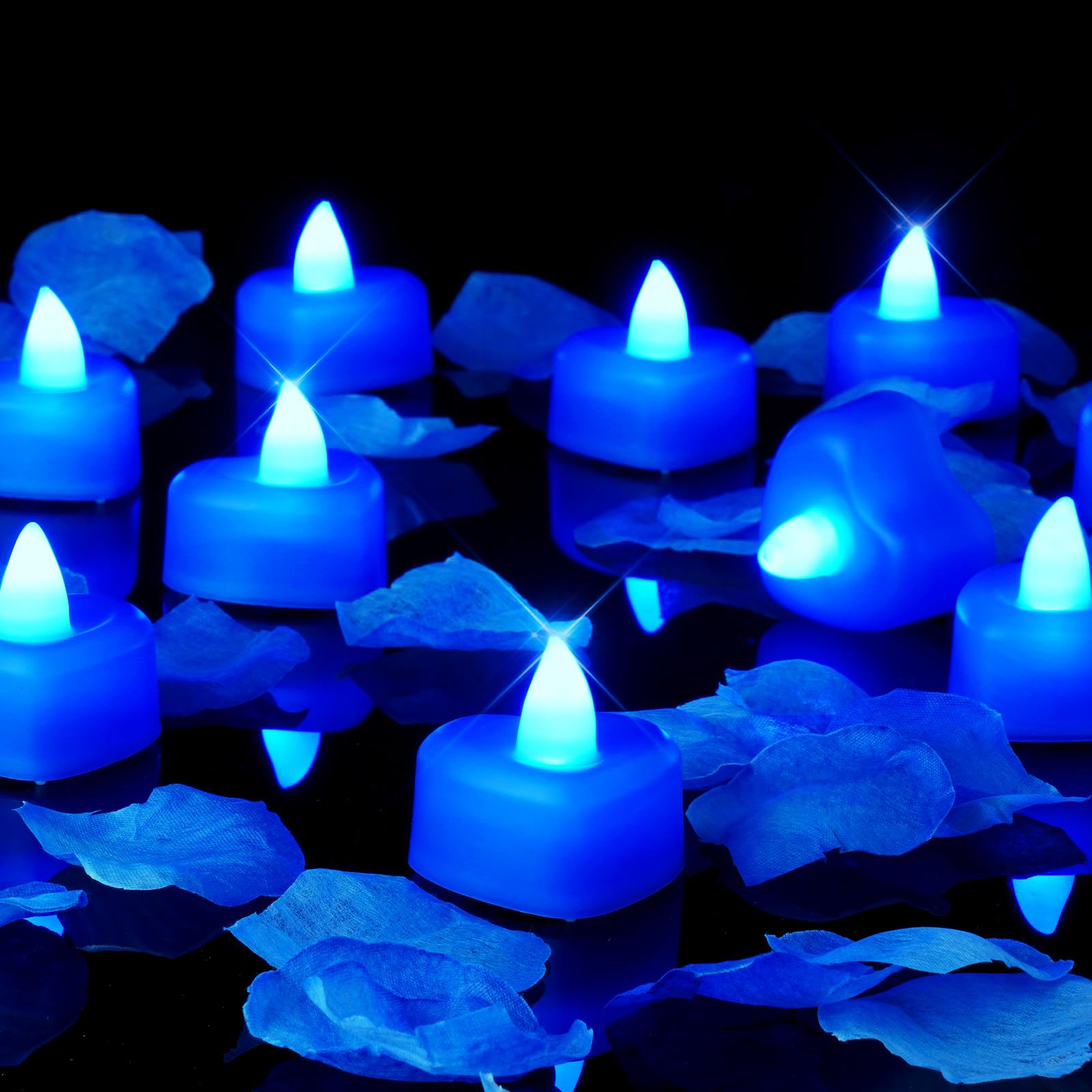 Amagic 1000 Pieces Blue Artificial Rose Petals with 12 Blue Heart LED Tea Lights, Rose Petals, and Candles Set for Proposal, Anniversary, Romantic