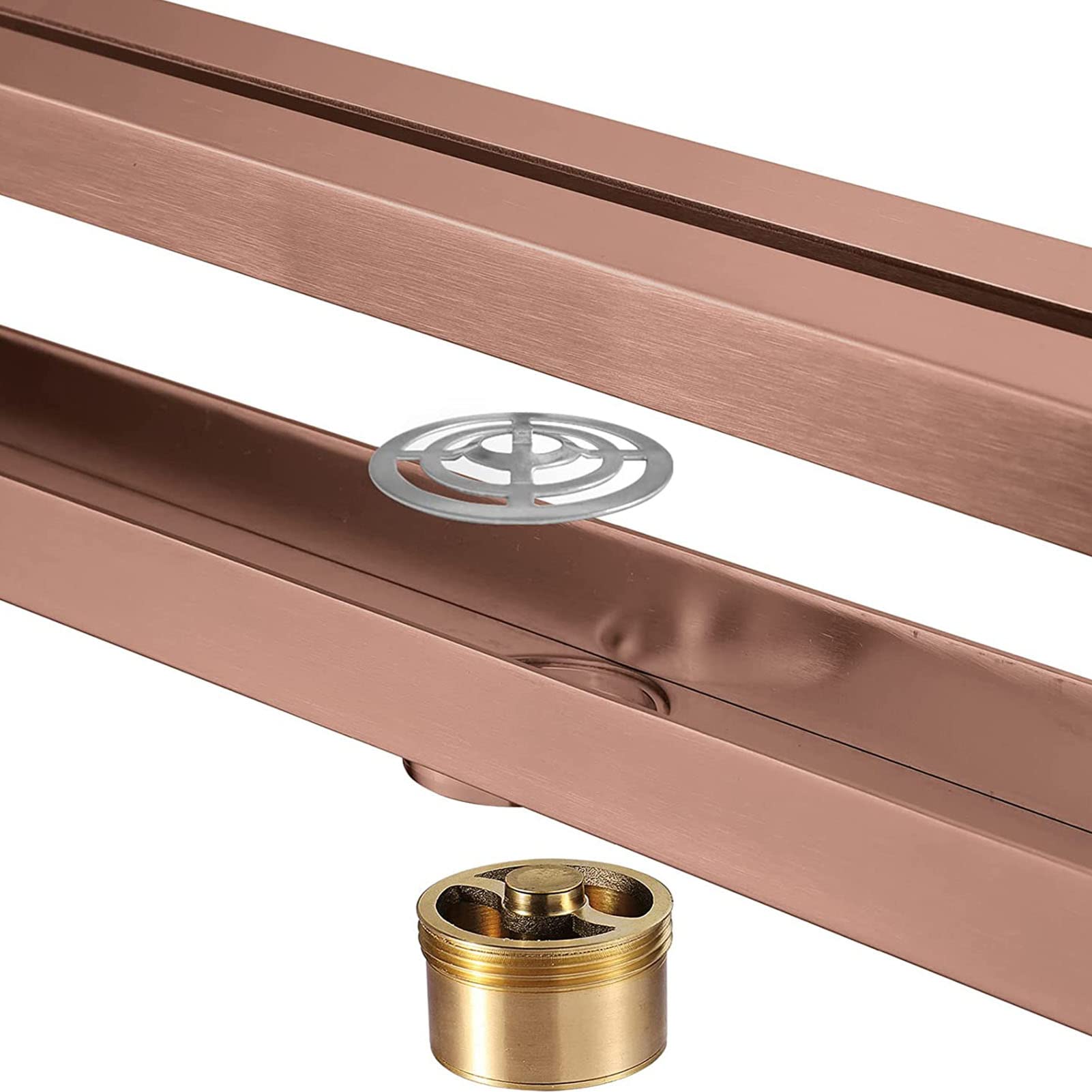 Scarico doccia lineare 60 cm, scarico doccia oro rosa con griglia rimovibile, scarico a pavimento in acciaio inossidabile con filtro per capelli, copertura scarico doccia bagno