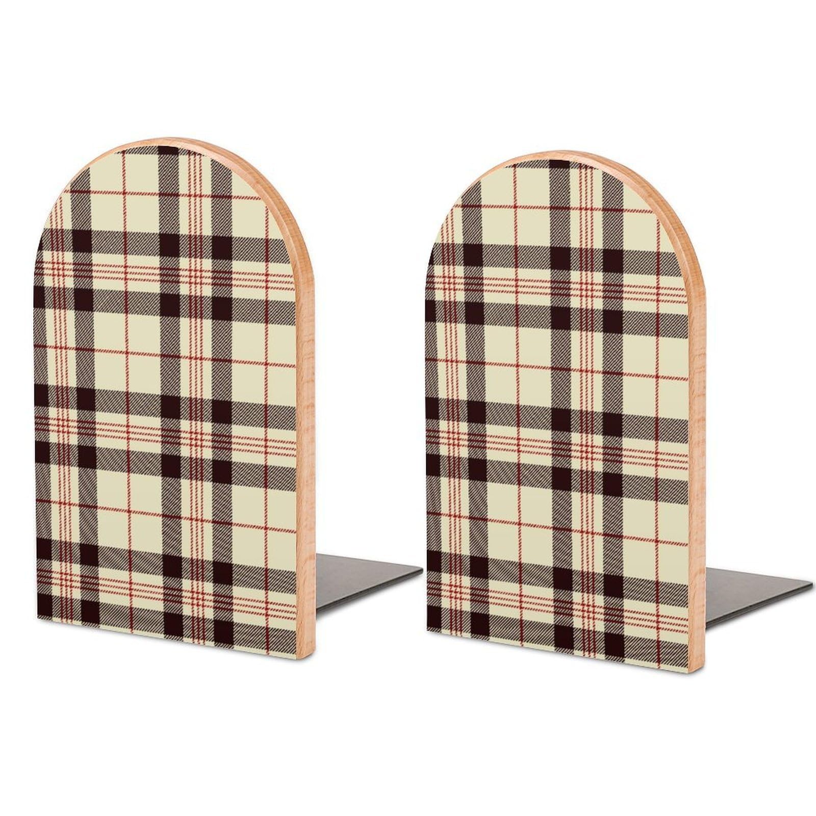 Tartan Seamless Pattern Background Gray and Khaki Beech Wood Bookends Heavy Duty Book Organizers Desktop File Holder for Office Home Bookshelf