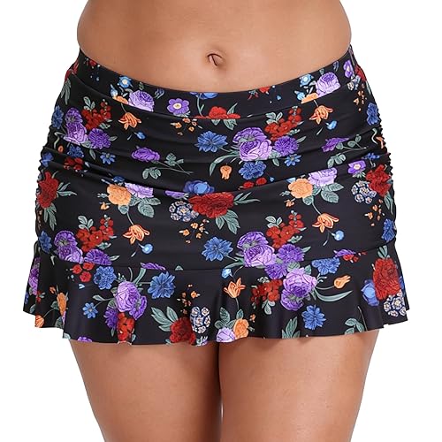 Halcurt Women's Mid Waisted Ruched Ruffle Swim Skirts with Hipster