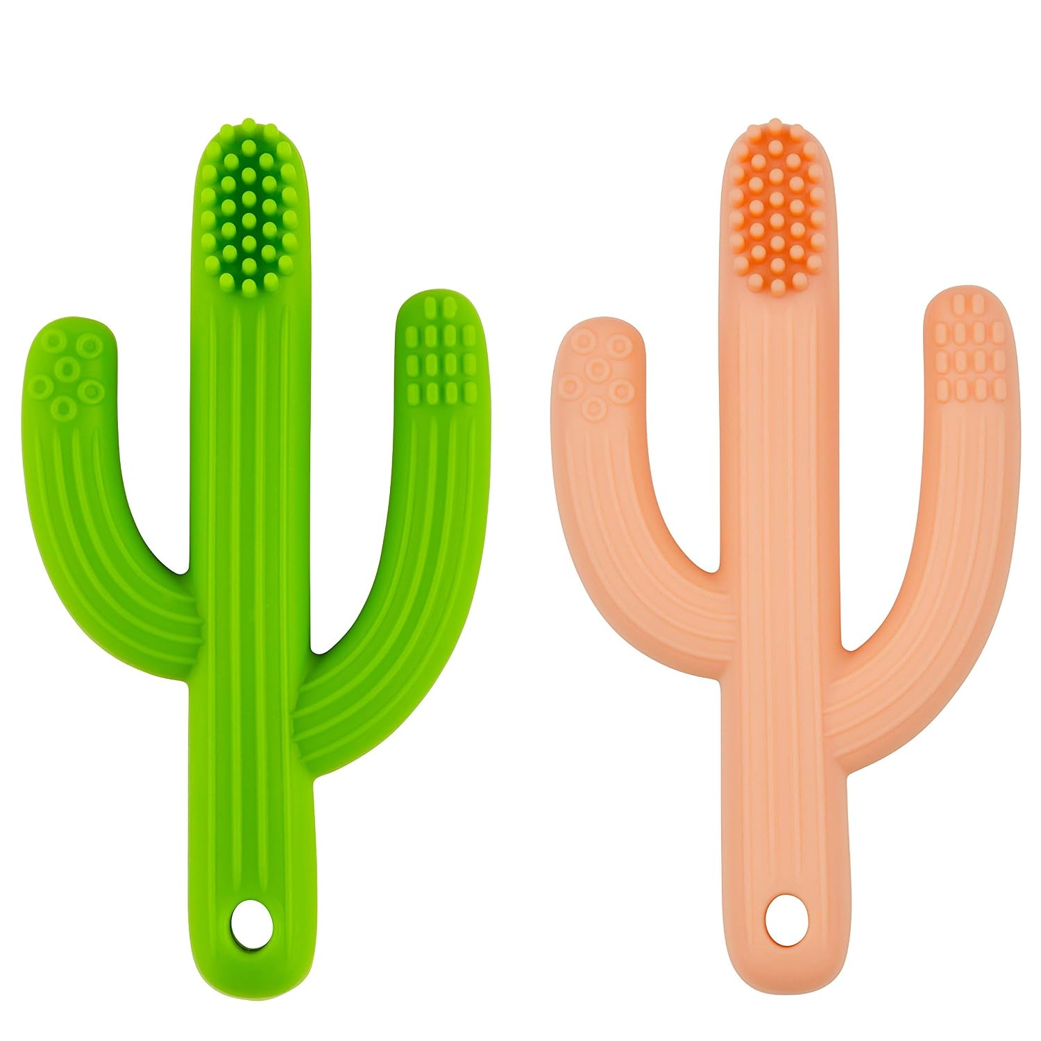 Baby Munka Cactus Infant Teether Soft Baby Training Toothbrush Silicone Flexible (2-Pack) 1-Green 1-Peach 100% BPA-Free