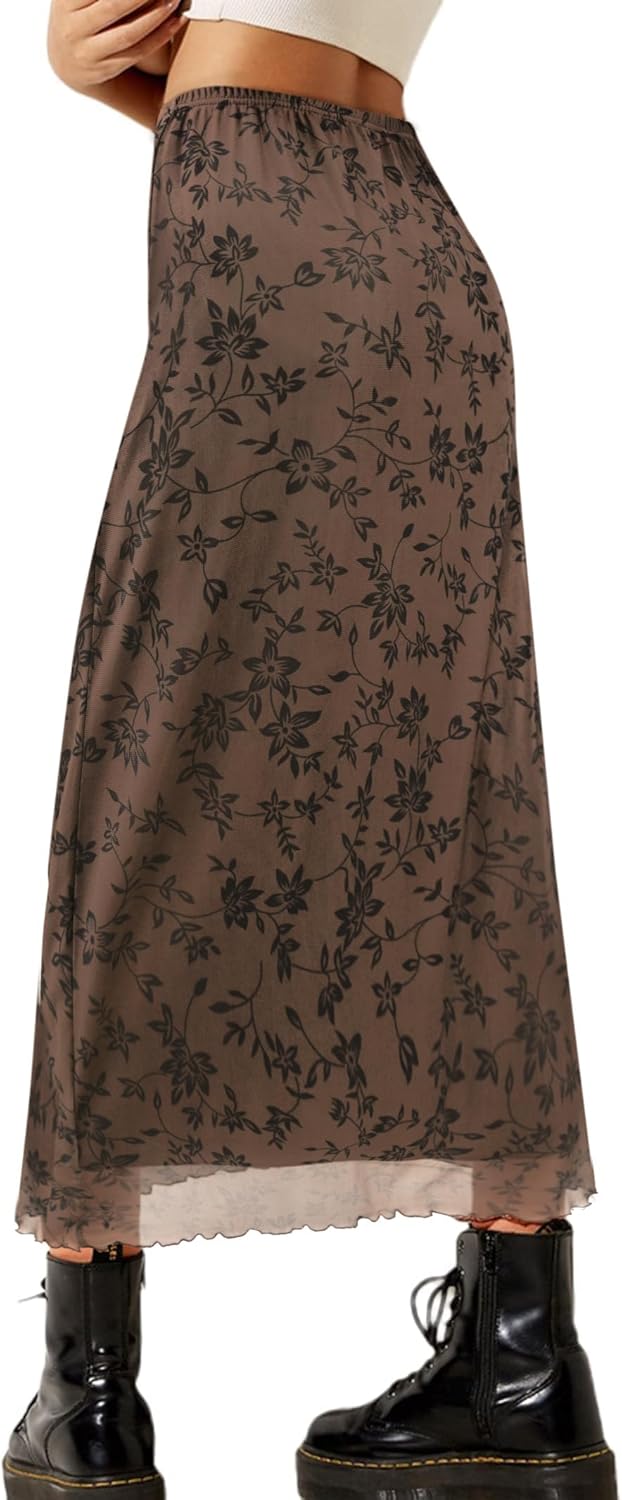 Avanova Women Floral Midi Skirt Boho Fall Summer Mesh High Waisted Maxi Long Skirts Brown Floral XX-Large - Image 2