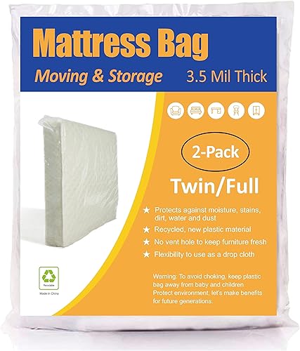 ComfortHome Bolsa para colchón para mudanza y almacenamiento, resistente, se adapta a colchones tamaño Twin y Full, paquete de 2, transparente